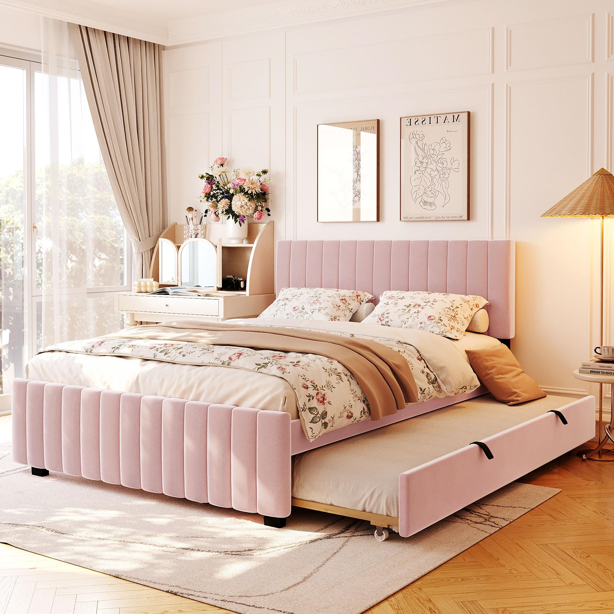 View 1 of *** PARTIAL SET - BOX 1 OF 2 ONLY *** Merax Queen Size Velvet Twin XL PINK HEADBOARD