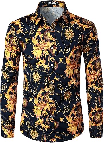 ZEROYAA Camisas de vestir casuales de algodón con estampado floral para hombre