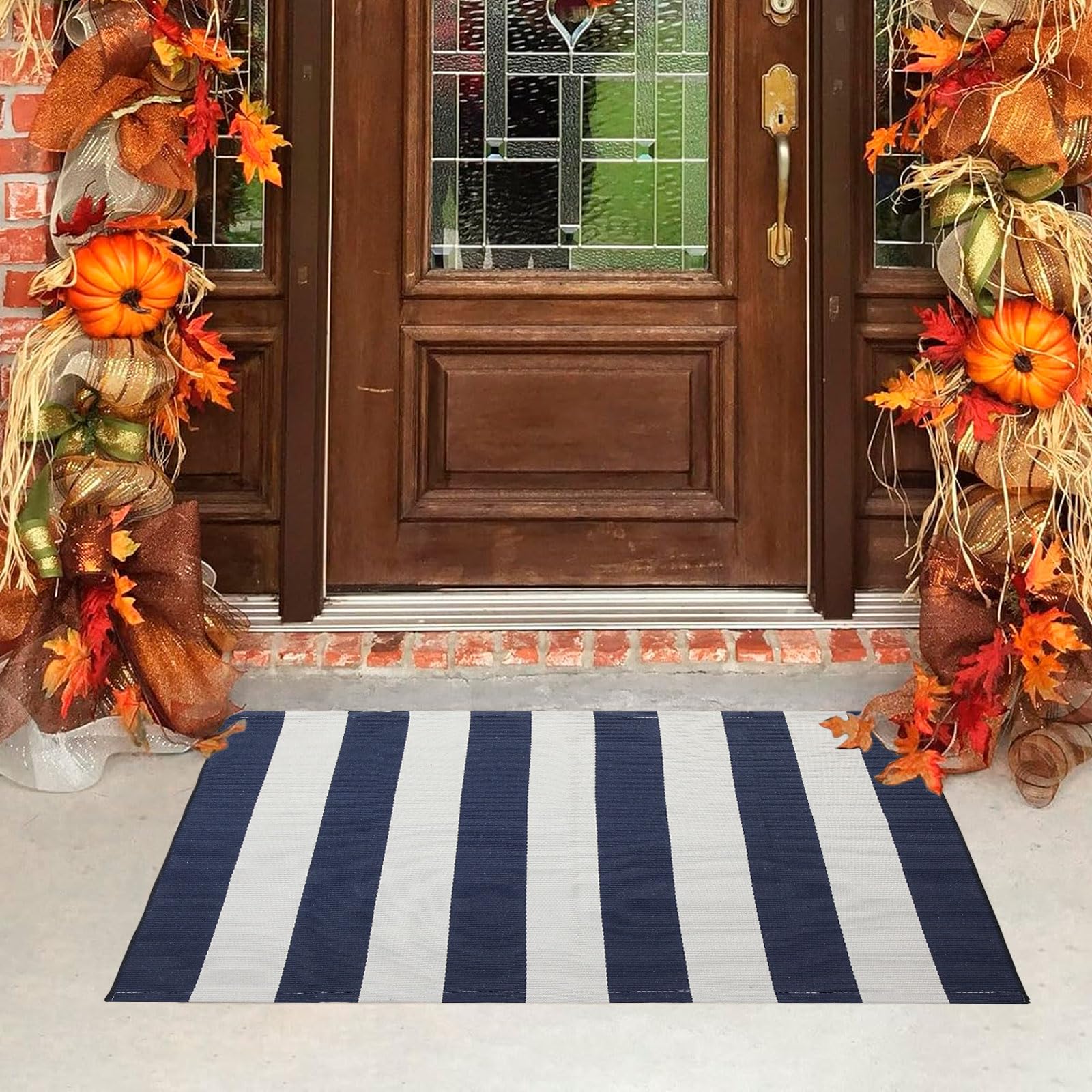 Striped Rug Outdoor Porch Rug Navy and White 27.5x43 inches Washable Layered Outdoor Doormat Front Door Mat Cotton Striped Outdoor Rug for Front Door