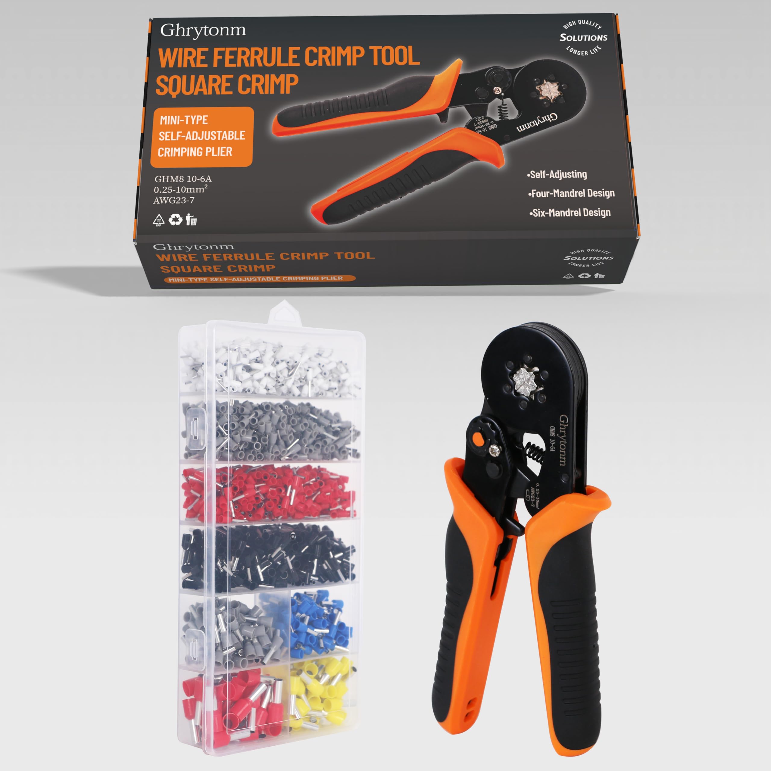 Ghrytonm Ferrule Crimping Tool Kit, AWG 10-6 Self-adjustable Ratchet Wire Ferrule Crimper Plier Set with 1800pcs Wire Terminals Crimping Connectors