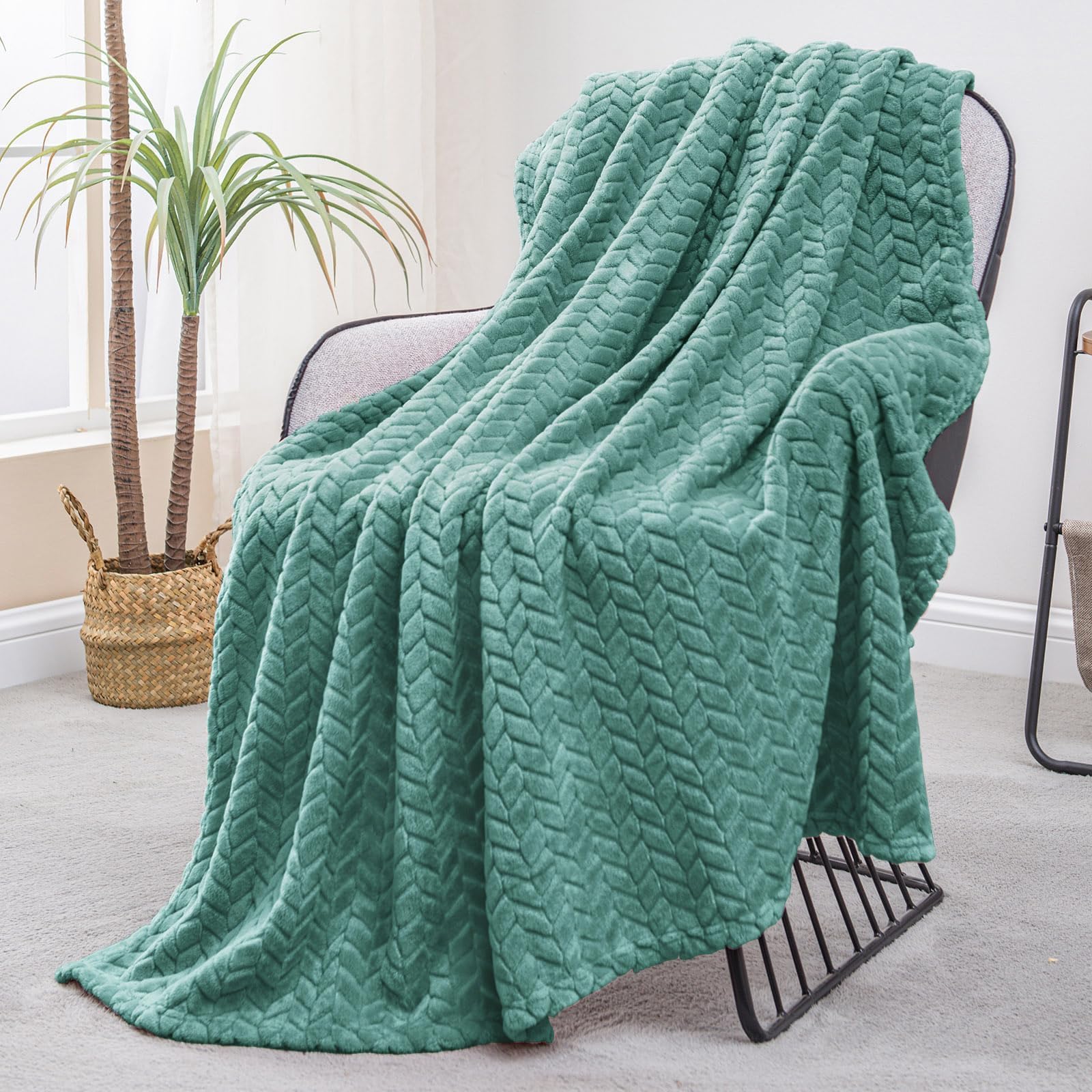 Exclusivo Mezcla Fleece Throw Blanket for Couch and Bed, 50x70 Inches Soft Cozy Jacquard Flannel Blankets, Lightweight Fuzzy Plush Warm Throws for Women, Celadon