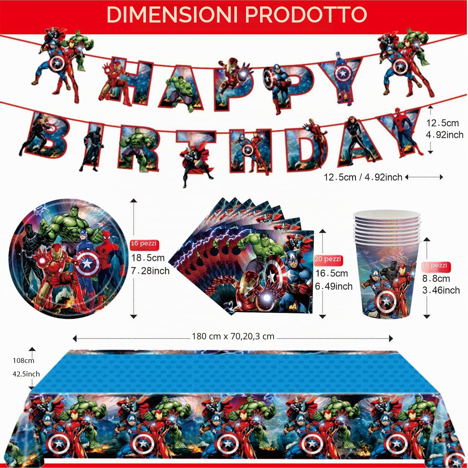 54 pezzi decorazioni per feste da tavolo supereroi per compleanno dei ragazzi, decorazioni cartone animato supereroi Avengers tovaglia, piatti di carta da 17,8 cm, striscione, tovaglioli di carta per