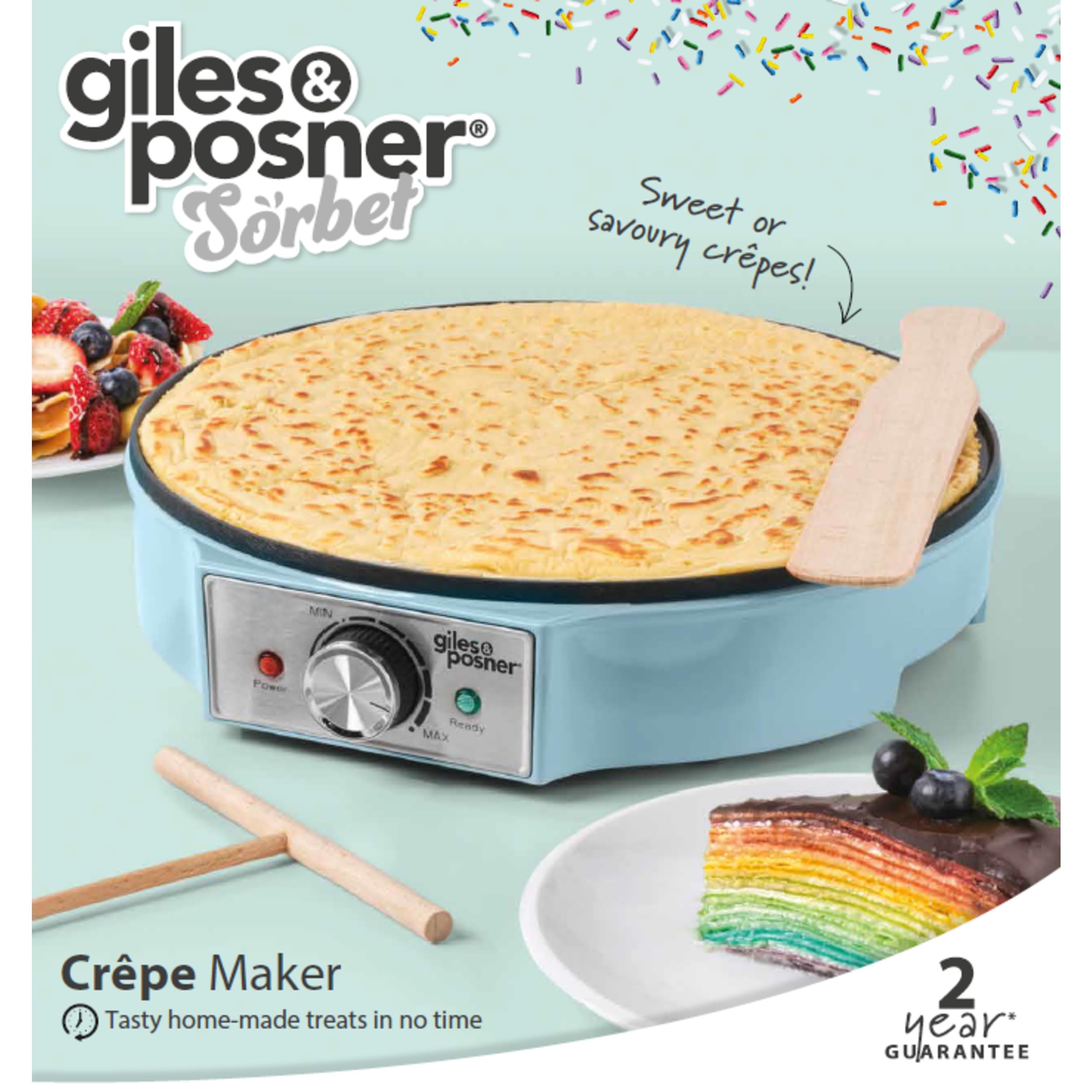 Giles & Posner Crêpière – Plaque Chauffante Électrique pour Crêpes, Antiadhésive, Grande Plaque de 30 cm (12”), Température Ajustable, Répartiteur de Pâte & Spatule, 1000W, Bleu