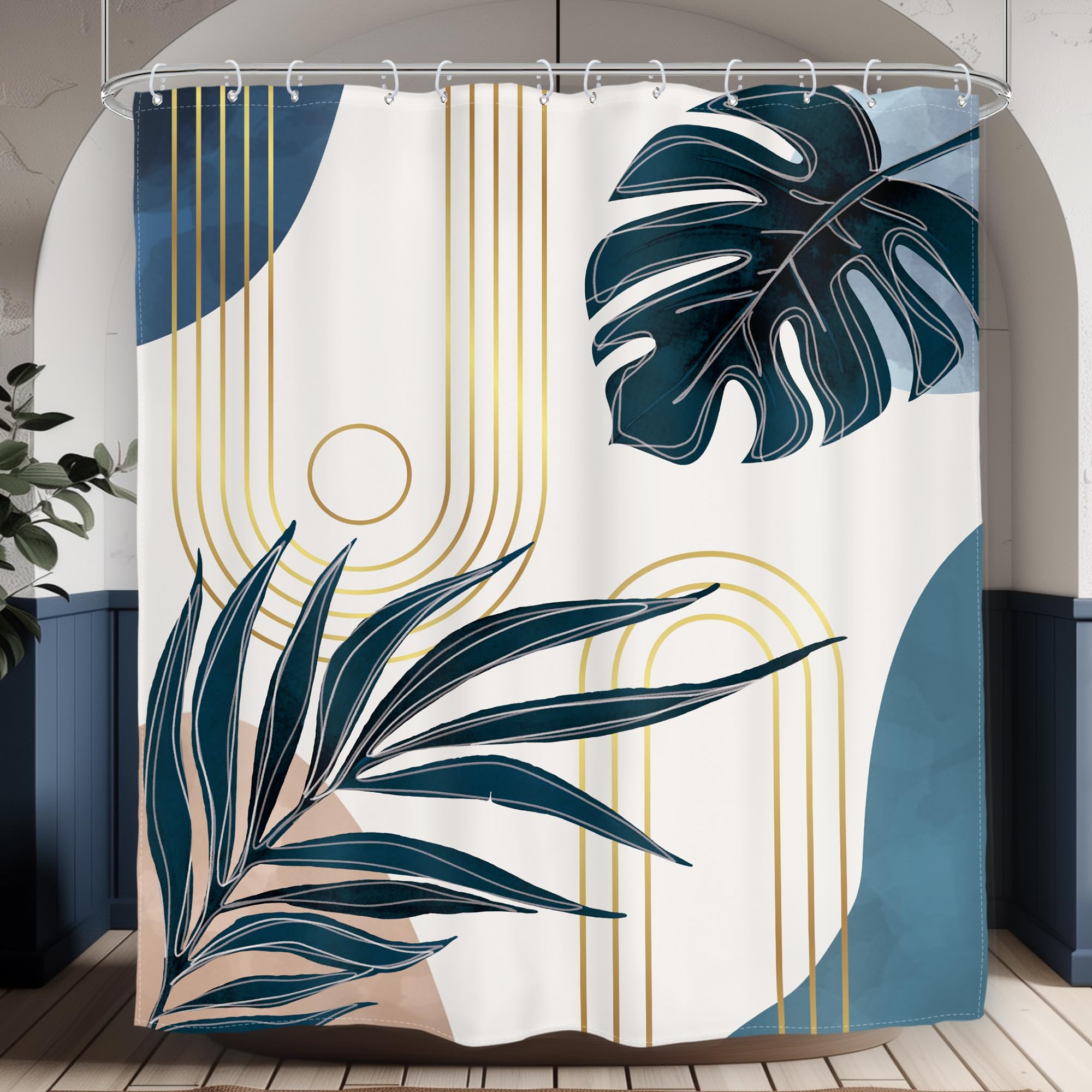 Glawry Boho Navy Blue Shower Curtain Mid Century Abstract Tropical Palm Leaf Modern Minimalist Plant Botanical Bathroom Geometric 60Wx72L Inches Bath