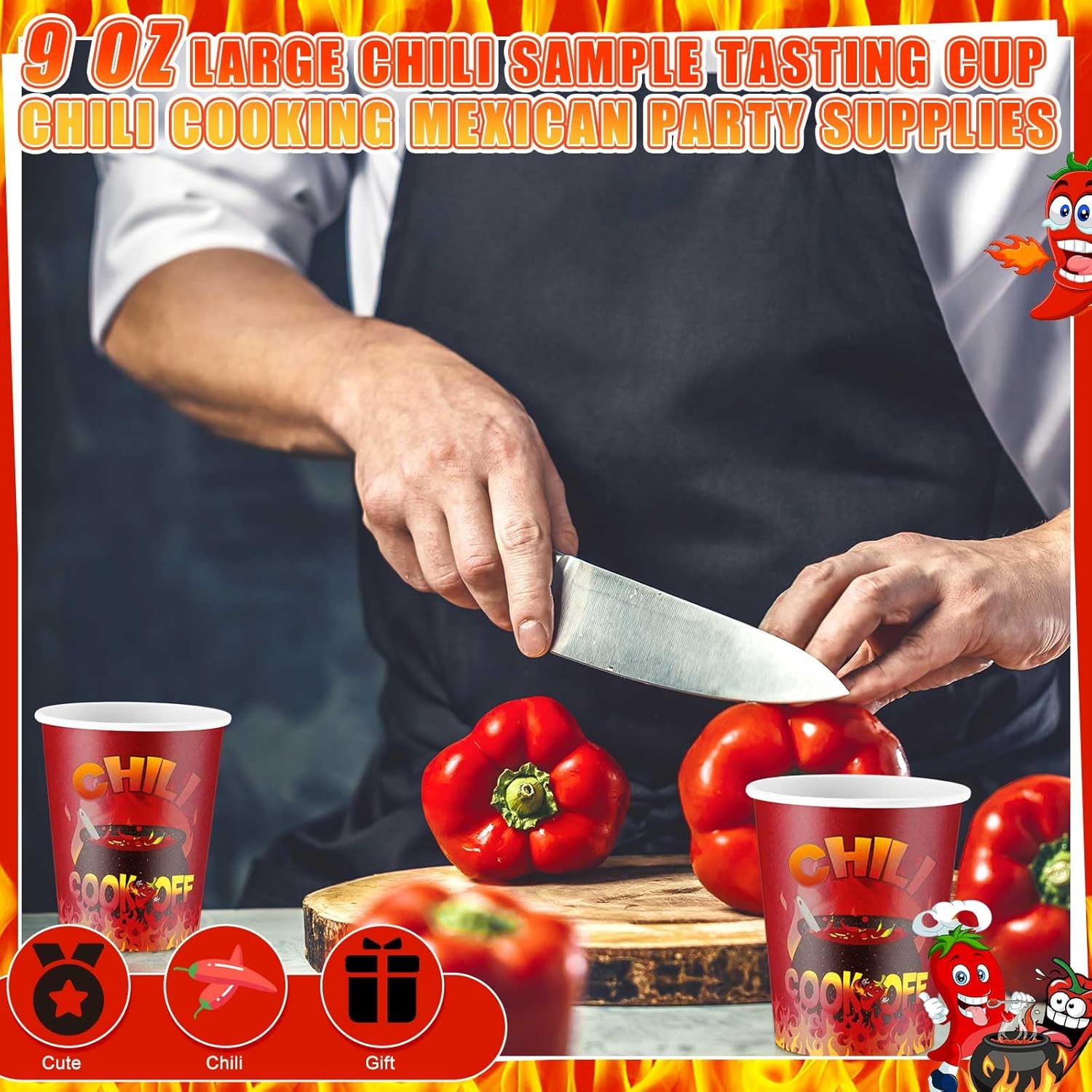 Ziliny 200 Pcs Chili Cook off Party Decorations Disposable Chili Cook off Paper Tasting Cups Food Sample Bowls for Mexican Party Supplies(Classic,9 oz)