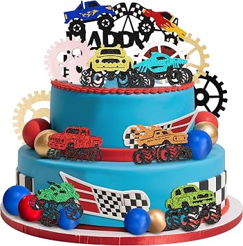 29 PCS Monster Truck Cake Topper Monster Car Theme Birthday Party Supplies - Happy Birthday Cake Toppers & Cupcake Toppers