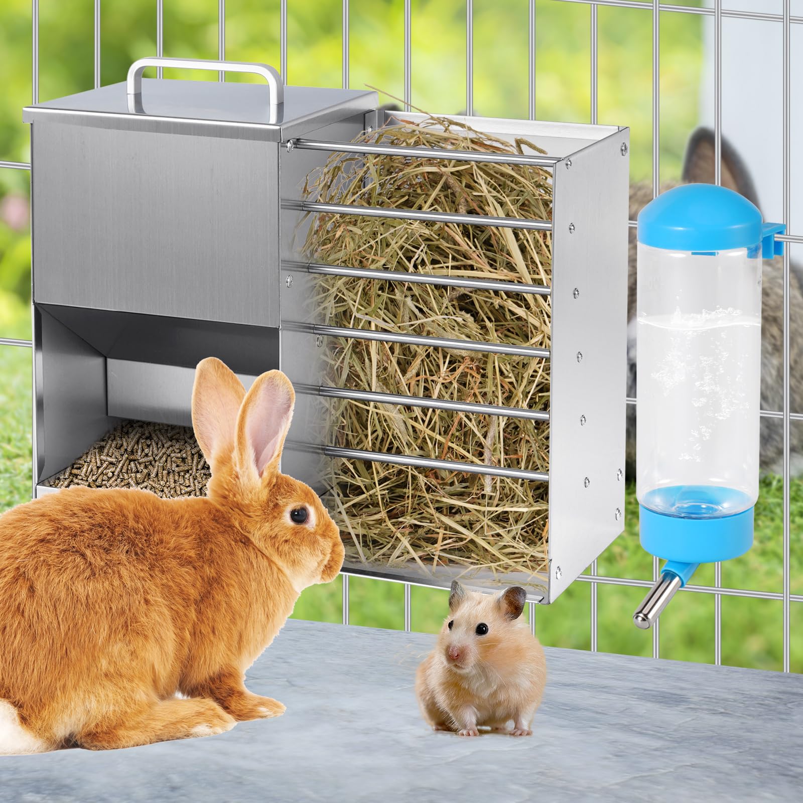 Mangeoire Automatique pour Lapin 2 en 1 avec Bouteille d'Eau 5L Distributeur Acier Inoxydable