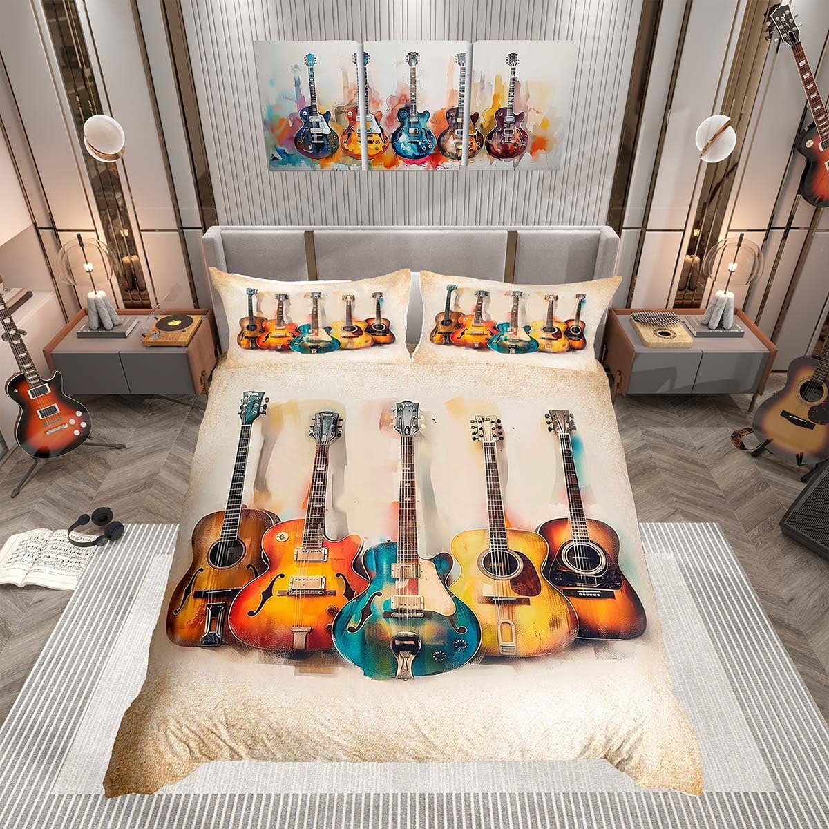 Homemissing Rock Music Duvet Cover Set Double Size For Kids Boys Girls Hip Hop Musical Bedding Set Guitar Instruments Duvet Cover with 2 Pillowcases Popstar Party Bedding โ image 1
