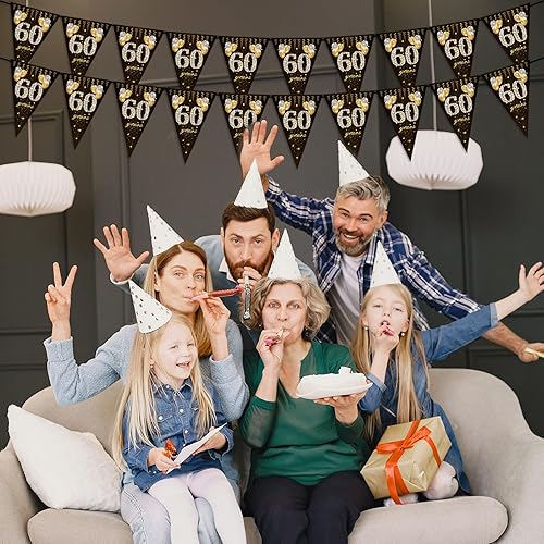 Miniatura 6 de Banderines de cumpleaños número 60, banderas de banderines con texto en inglés "Happy Banner", 40 piezas triangulares de oro y negro con purpurina