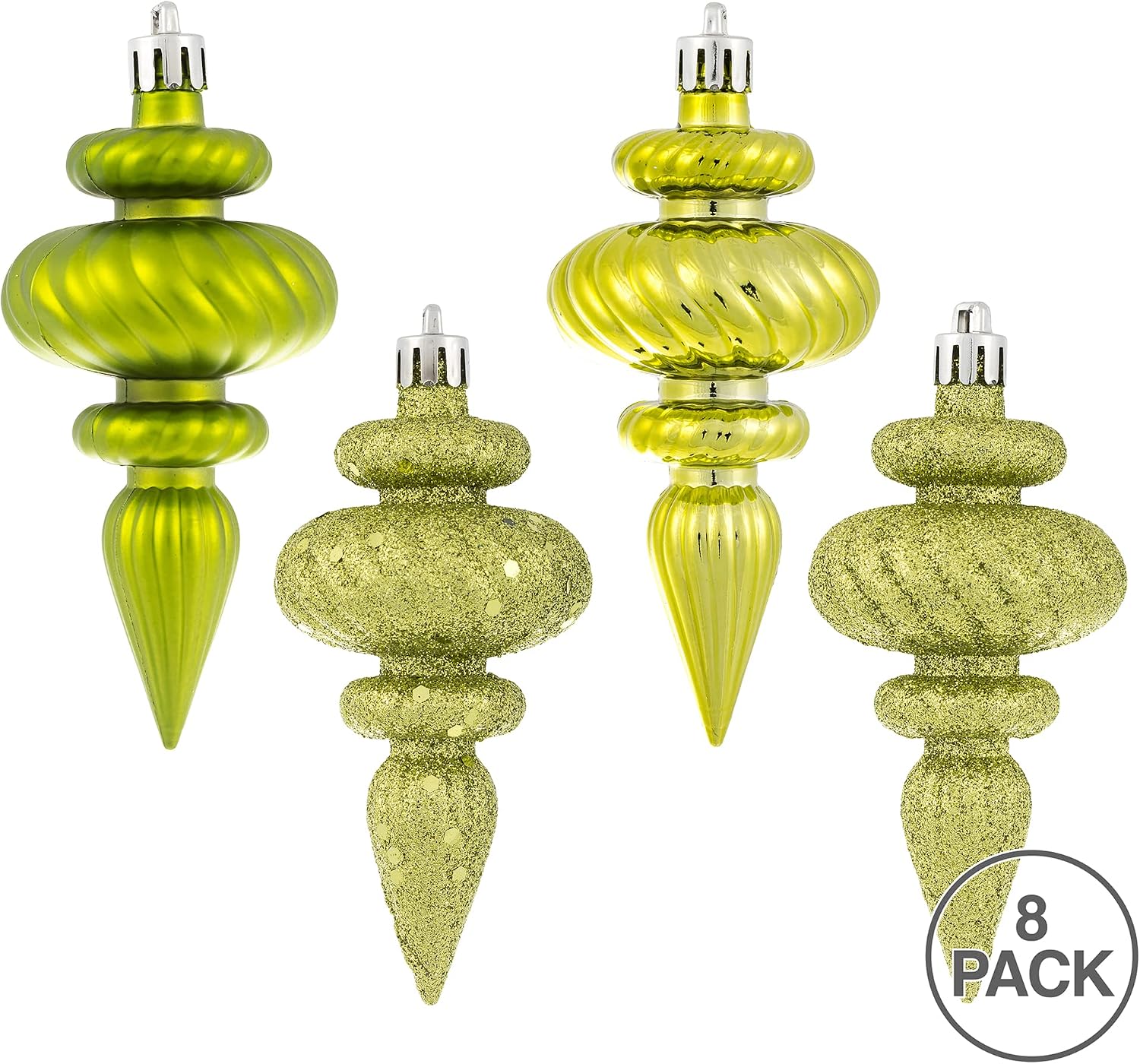 Vickerman 4" 4-Finish Finial Ornament, Shatterproof Plastic Christmas Tree Decoration, 8 Pack, Lime Shiny, Matte, Glitter and Sequin Finishes