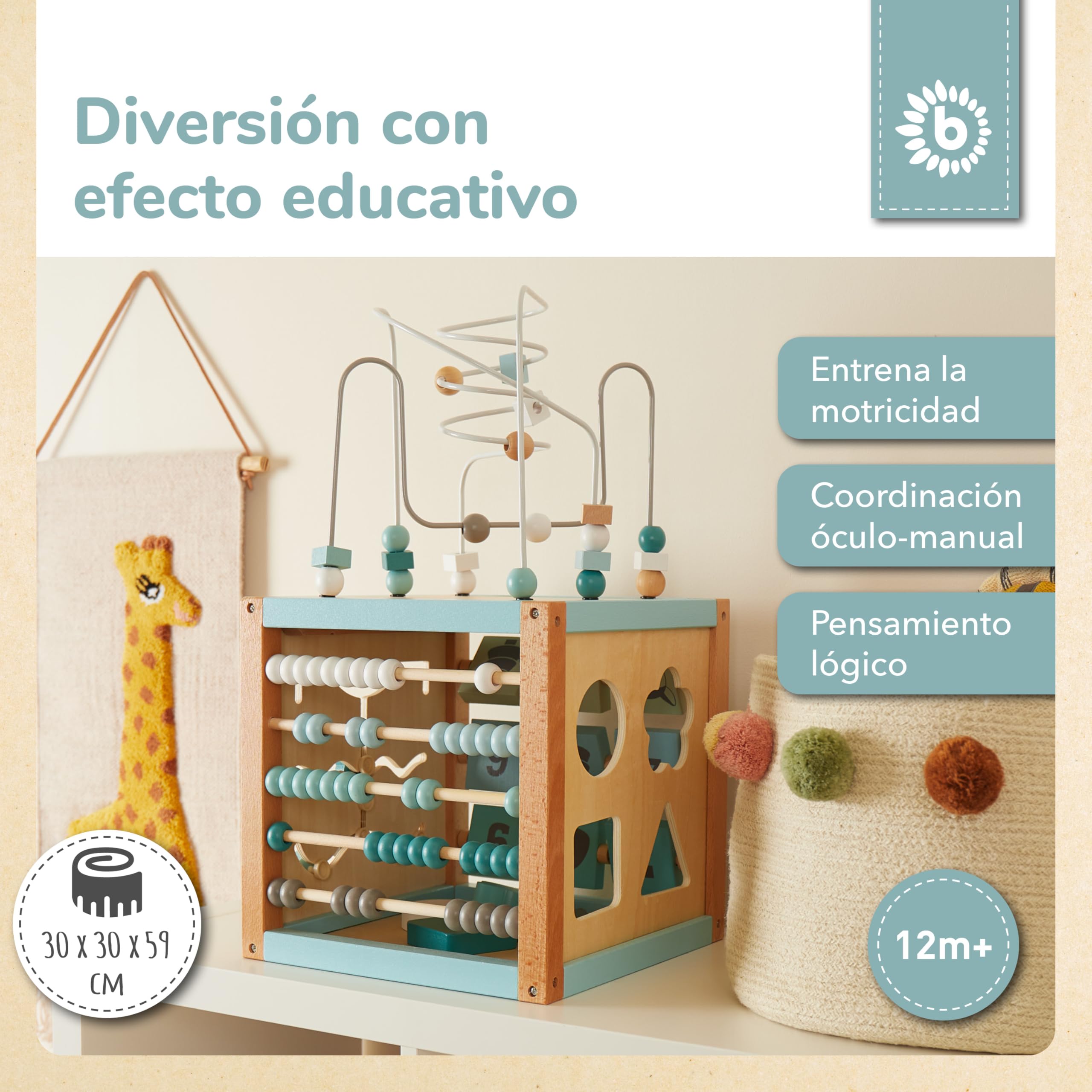 Bieco Cubo de motor XXL Scandi-Chic | Juguete de motricidad a partir de 1 año | Centro de actividad para bebés de 1 año | lazo de madera para bebés a partir de 1 año