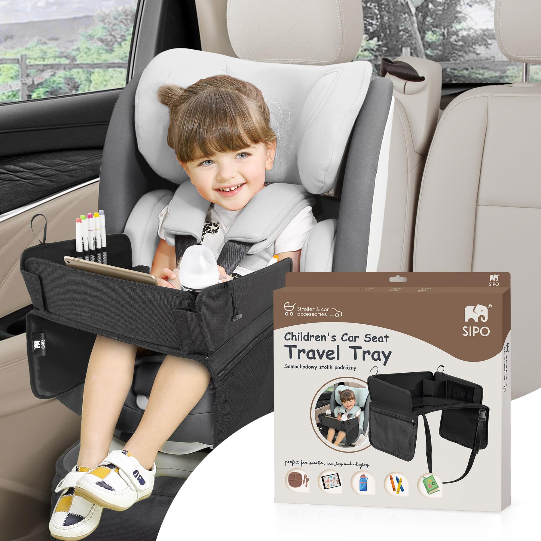 SIPO Reise-Tablett für Kindersitze – Klapptablett mit Trockenlöschfläche, Tablet-Halter (bis 11″), Getränkehalter & Taschen – faltbar, leicht, universell – Schwarz