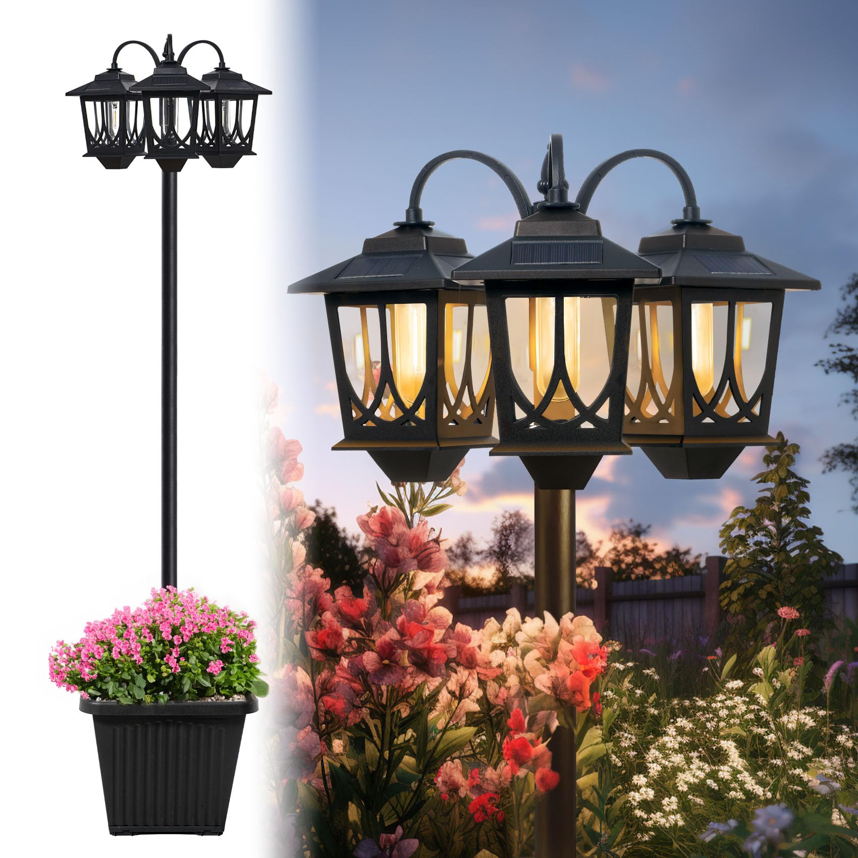 75 in Solar Lamp Post with Planter, Weather-Resistant 3-Head Solar Lamp Post Light, Decorative Outdoor Planter, 2-in-1 Solar Outdoor Light, Garden, Pathway, Driveway, Front/Back Door Decor, Warm White