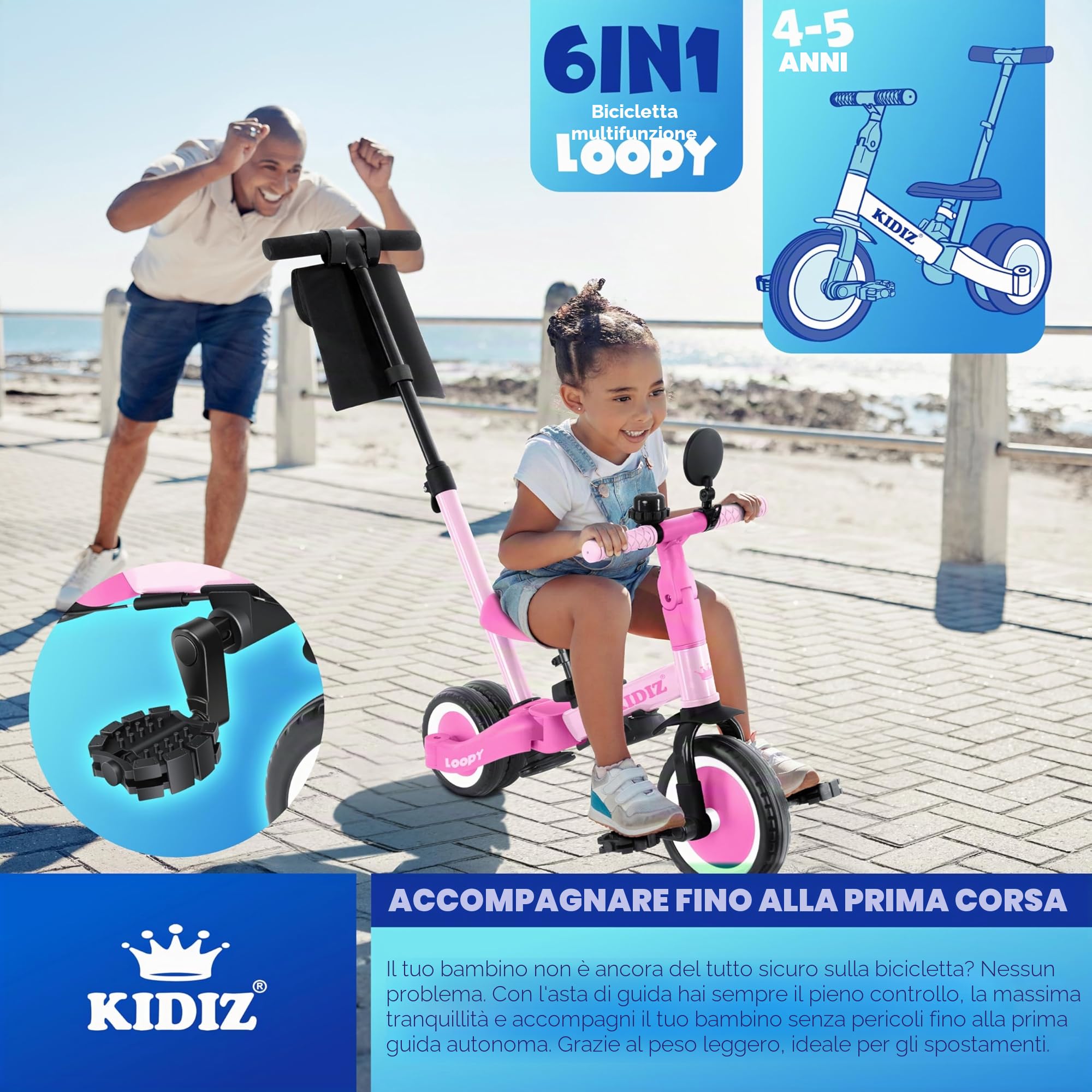 KIDIZ® 6in1 Balance Bike - Triciclo, Triciclo per Bambini, da 1 a 5 anni, capacità di carico fino a 25 kg, incl. Manubrio/Barra di sicurezza/Cintura di sicurezza/Campana e Specchio, Rosa