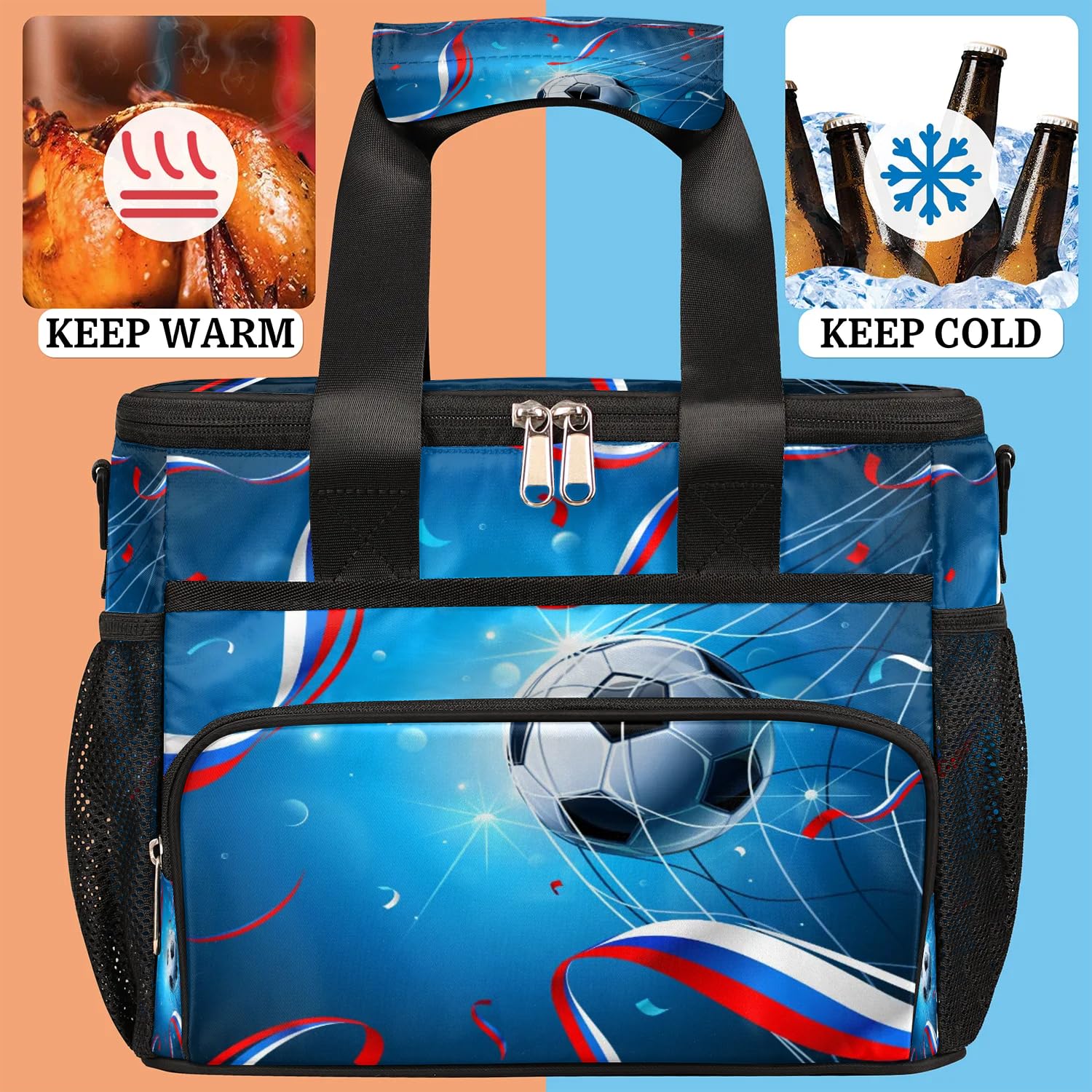 Grand sac à déjeuner isotherme pour adultes, hommes, femmes, enfants, filles, garçons, motif ballon de football, drapeau russe, sac isotherme pour le travail, le pique-nique, le barbecue