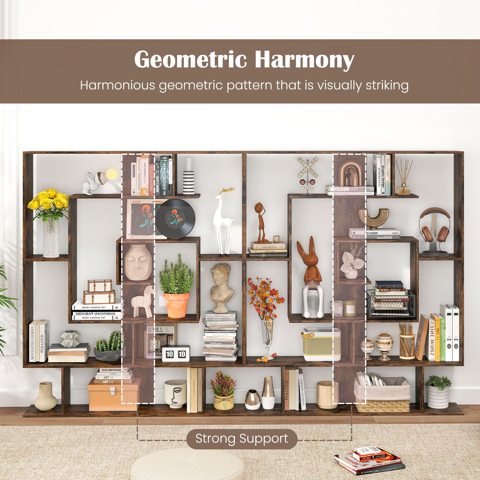 HOMASIS Libreria da Parete Geometrica con 7 Scomparti, Scaffale in Legno con Protezione Anti-Ribaltamento, Espositore Moderno, Libreria Divisoria Ambiente per Soggiorno, 125 x 22 x 150 cm (Marrone)