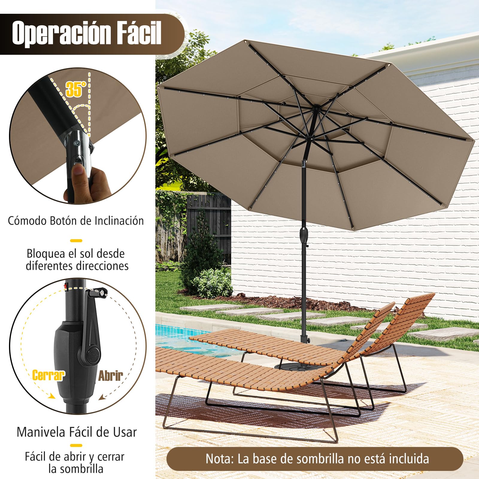 COSTWAY Sombrilla Terraza Exteriorφ300 cm, Parasol con Botón de Inclinación, Manivela, 8 Varillas Resistentes, Sombrilla Jardín Playa Piscina