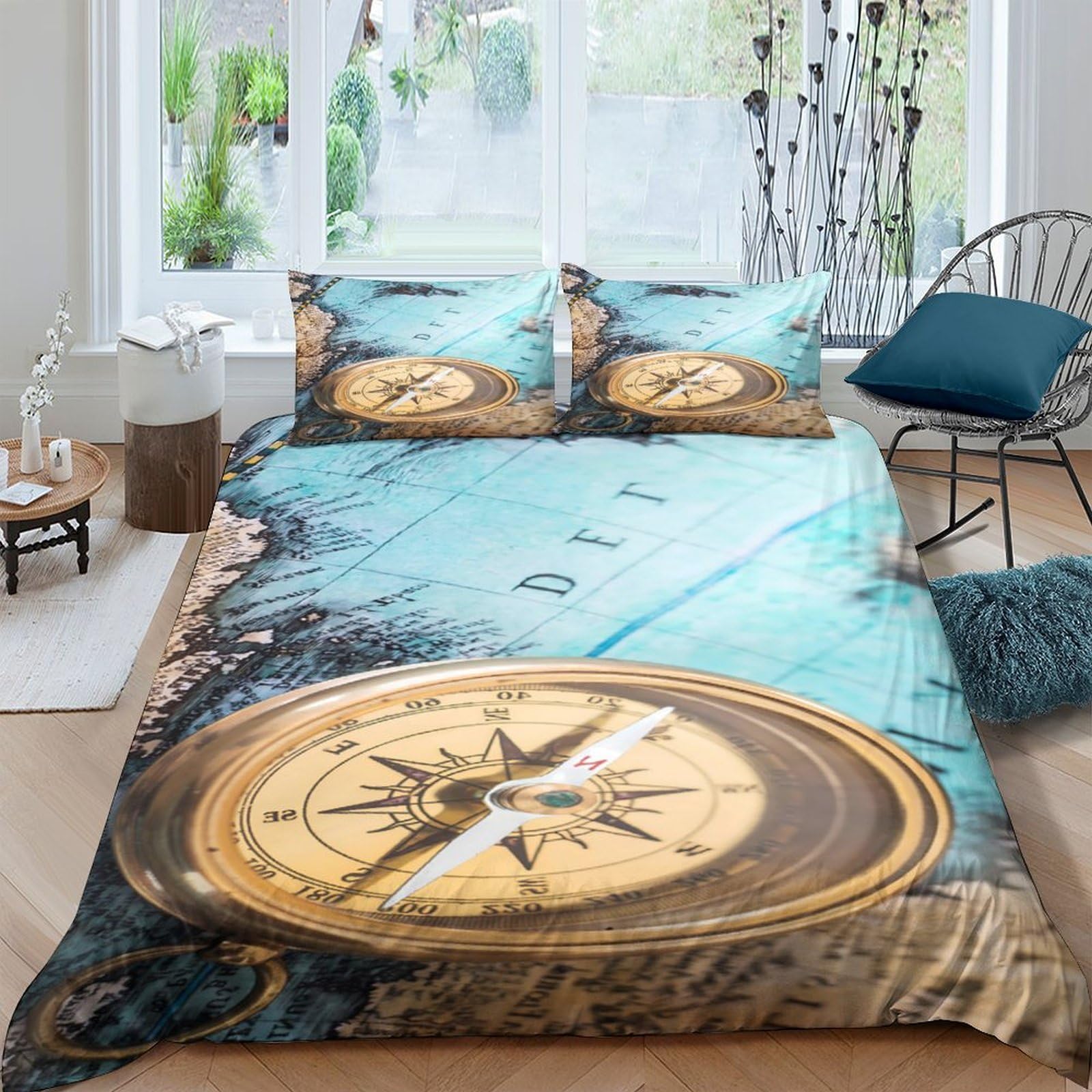 Ctjqhvkz Style-9 3D Printed Vintage Compass Fitted Sheet Microfiber Soft Blue Map Bed Cover For Bedroom Dorm Room Decor Single（135X200cm）