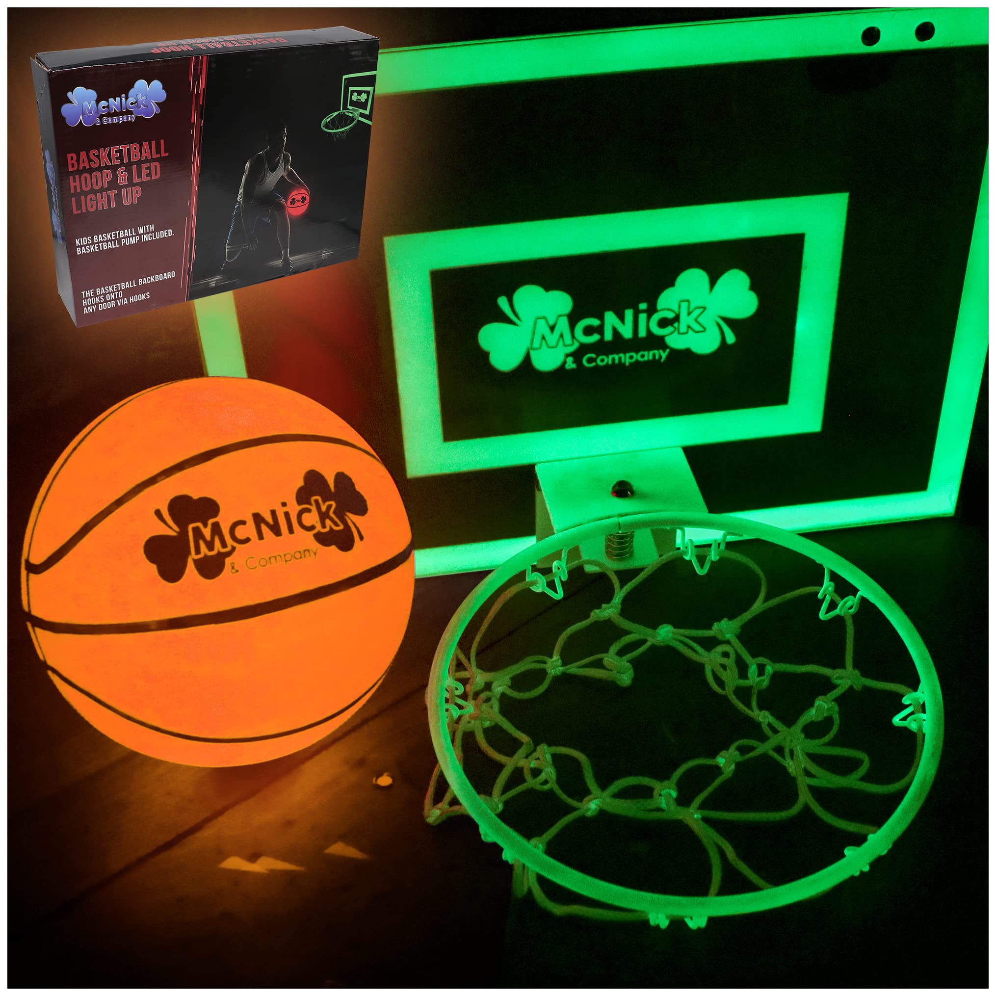 McNick Glow in The Dark Indoor Basketball Hoop, Door Basketball Hoop with Ball & Pump, Mini Basketball Hoops for Kids, Sporty Boys Room Decor, Cool Room Decor & Room Accessories for Indoor Play