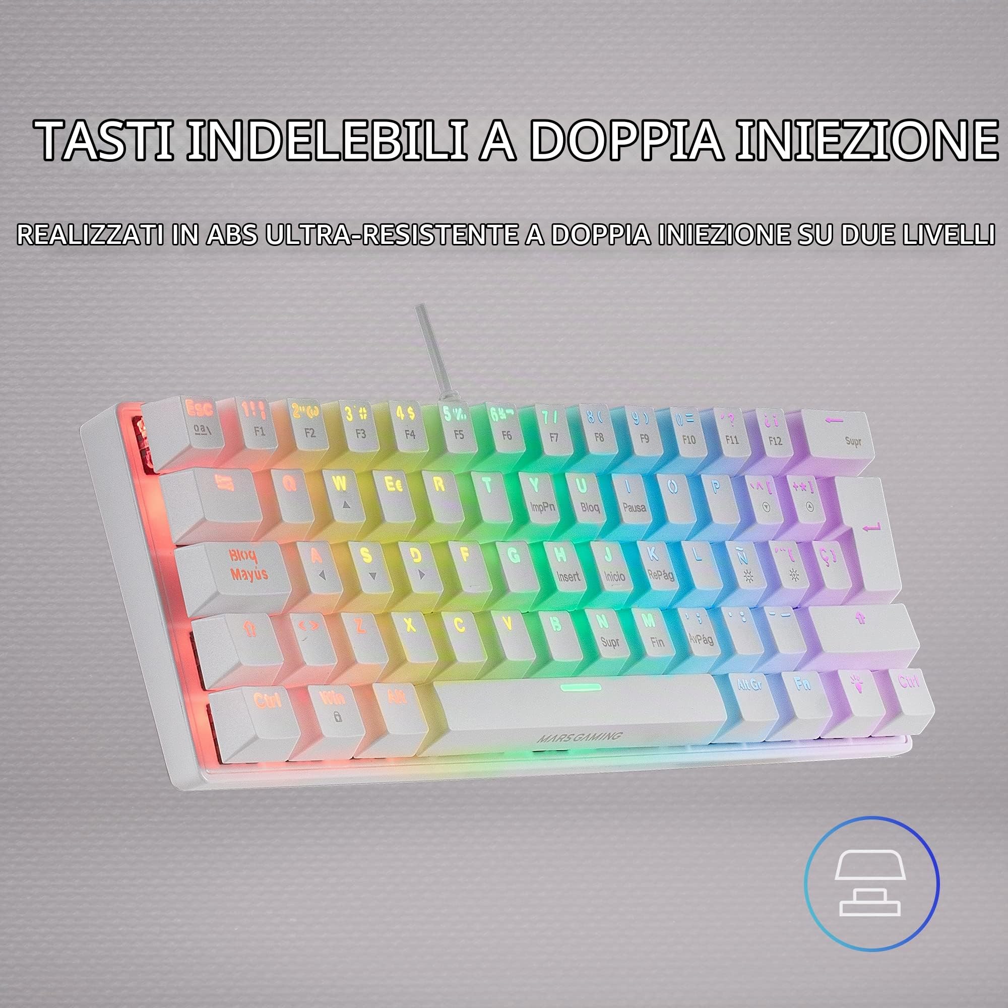 Mars Gaming MK60 Bianco, Tastiera Gaming Meccanica FRGB, Antighosting, Switch Meccanico Rosso, Lingua Italiano