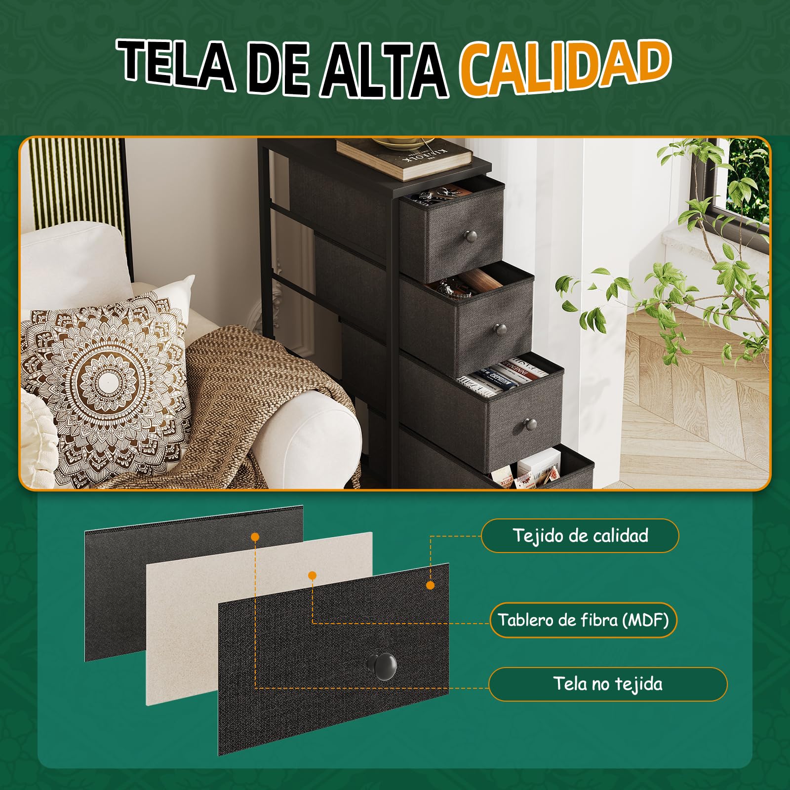 CAIYUN Mesita de noche, mesita con 5 cajones, mesa de sofá, mesilla para salón, dormitorio, marrón vintage-negro tinta (Negro)