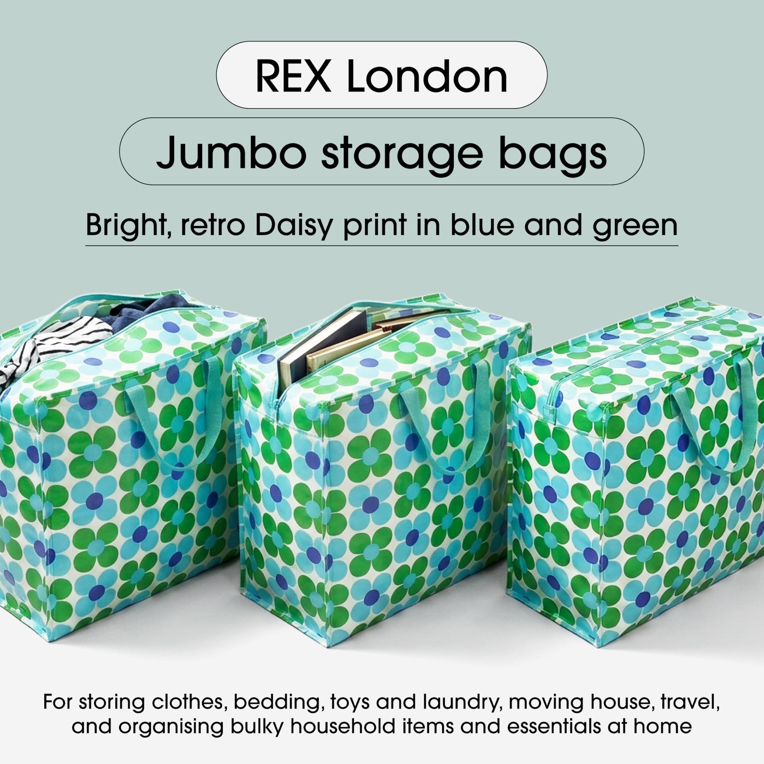 Rex London - Gigantyczna torba XXL, torba do przechowywania z zamkiem błyskawicznym, kolorowy wzór (Daisy blue/green)