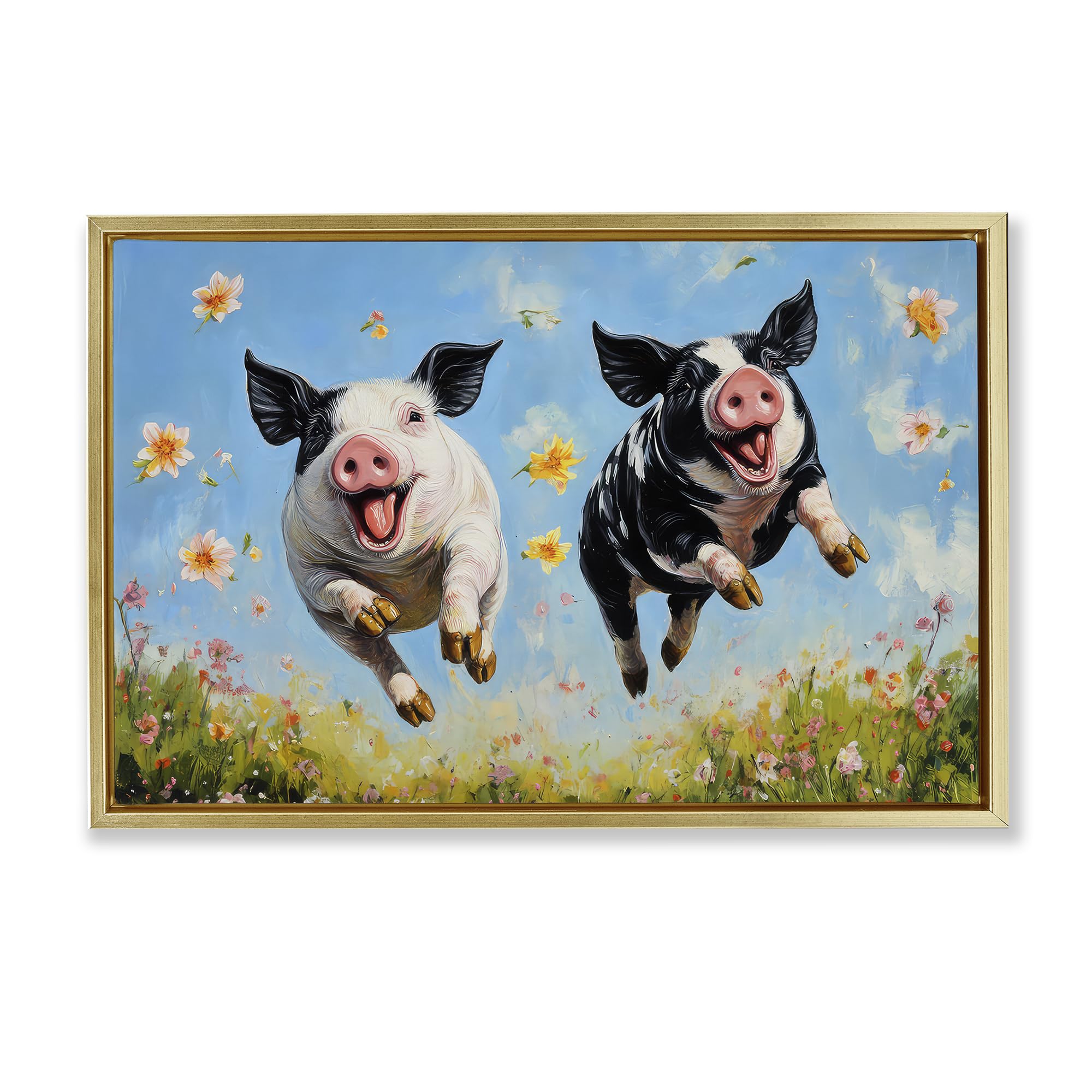 Stupell Industries Metallic Gold (Matte) 'Flying Pigs & Flowers'| Floating Frame Canvas Art