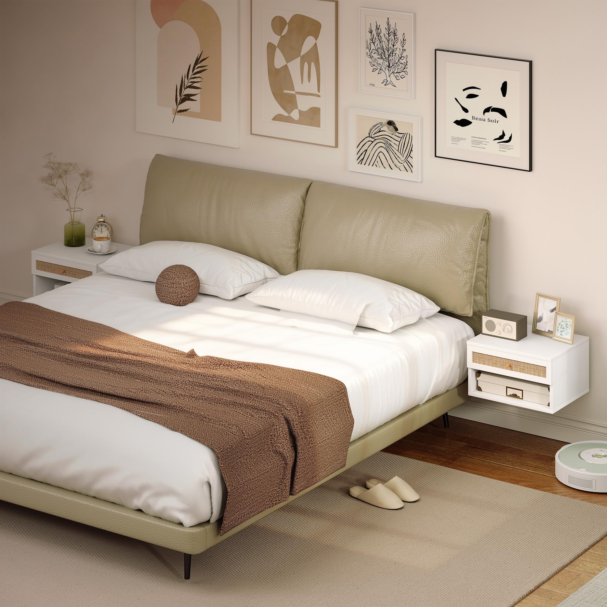 HOMCOM Set di 2 Comodini da Parete in Legno 40x34x23 cm | Comodino sospeso, cassetto scorrevole, ripiano, frontale in rattan intrecciato