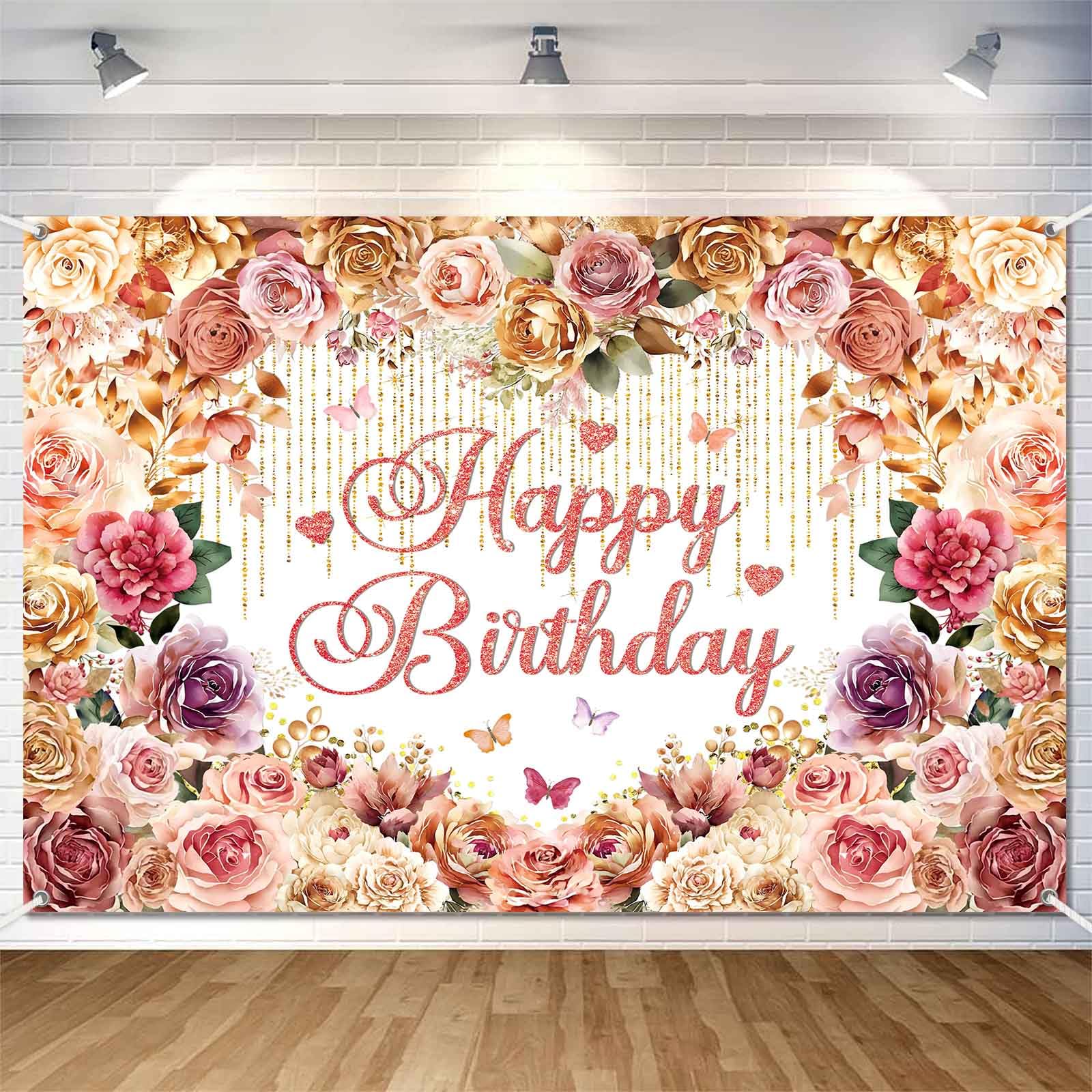 LDWLYW Rose Flower Happy Birthday Backdrop Banner Rose Gold Pink Flowery Birthday Party Decorations for Women Large Floral Theme Photography