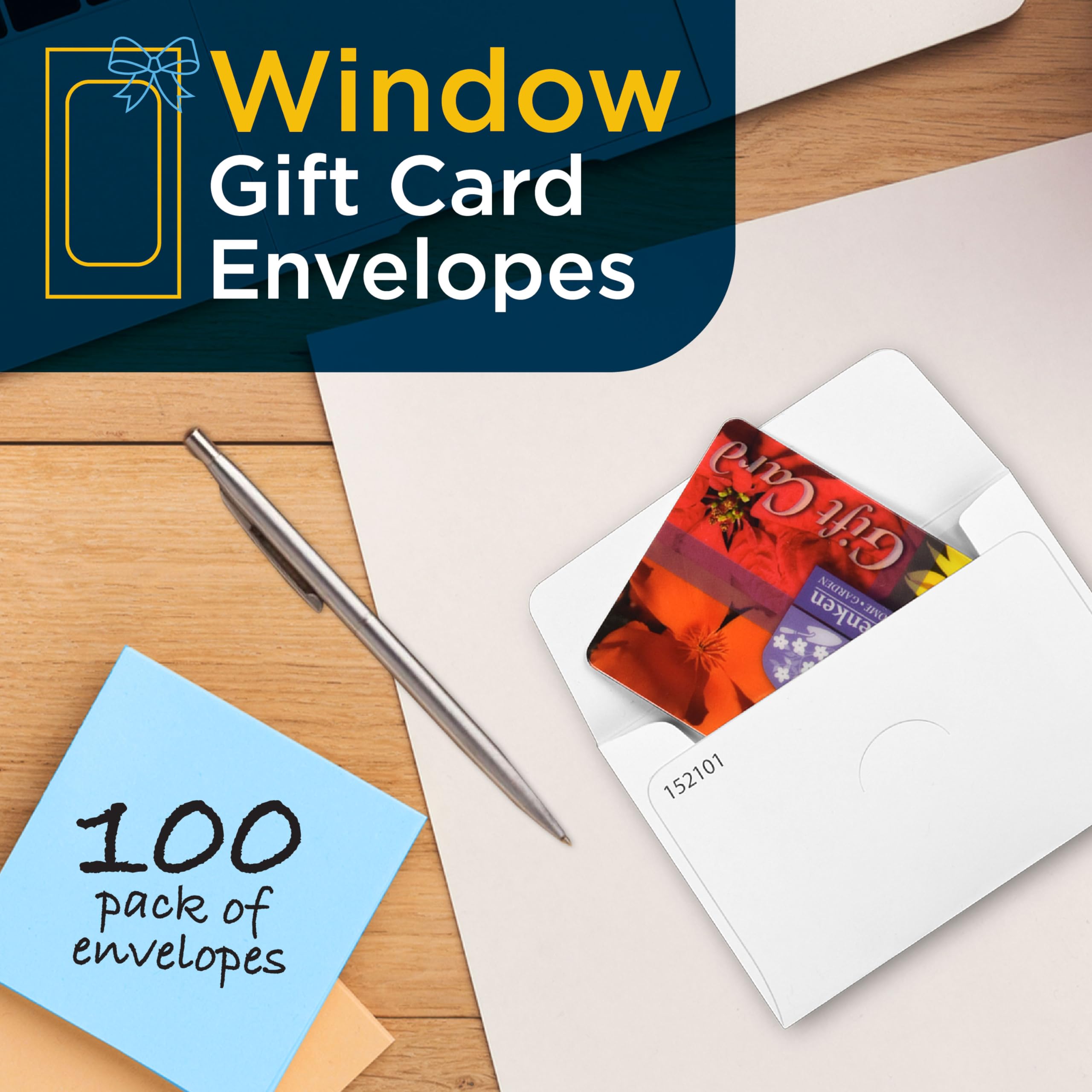 Guardian Gift Card Envelopes with Clear Window, Pack of 100 Blank Small Envelopes for Gift Cards, Business Cards, Key Cards, and More, 2 ½ Inches x 3 ⅝ Inches, White