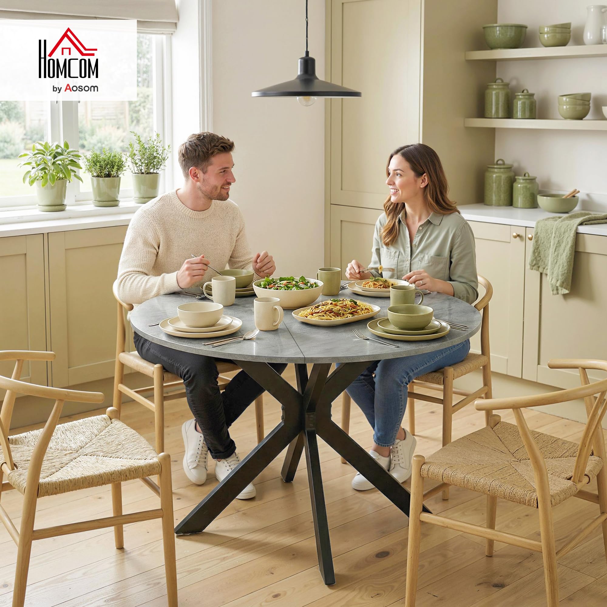 HOMCOM Tavolo da Pranzo Rotondo Pieghevole per 2-6 Persone, Ø110 cm Tavolo Cucina a Ribalta con Gambe a X in Acciaio, Piano Spesso, Salvaspazio per Soggiorno Sala da Pranzo, Grigio Cemento