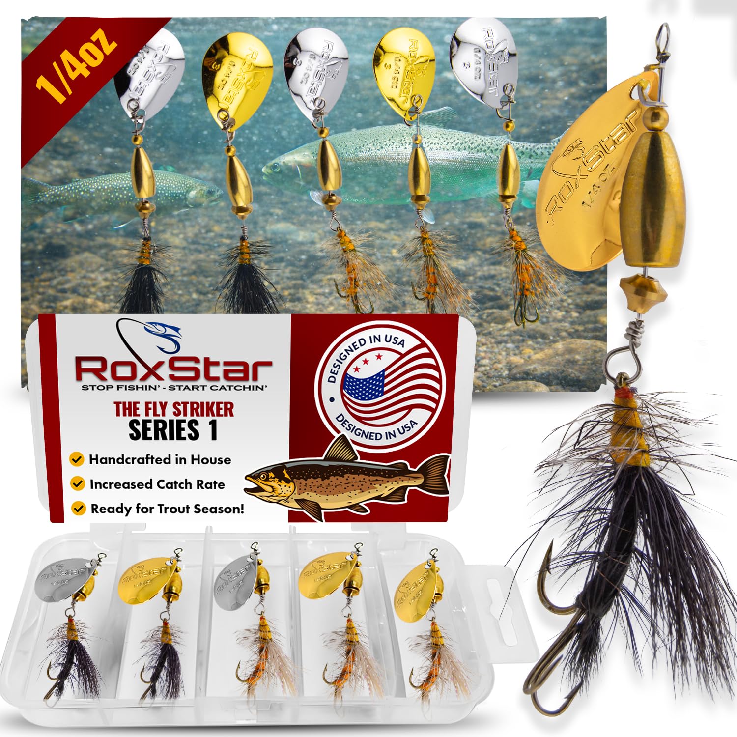 RoxStar Fly Strikers Proven Nationwide to Out-Fish Any Spinner | Hand-Tied in The USA | Most Versatile Fishing Spinner Ever! Trout, Bass, Steelhead | Stop Fishing - Start Catching (1/4oz Series 1)