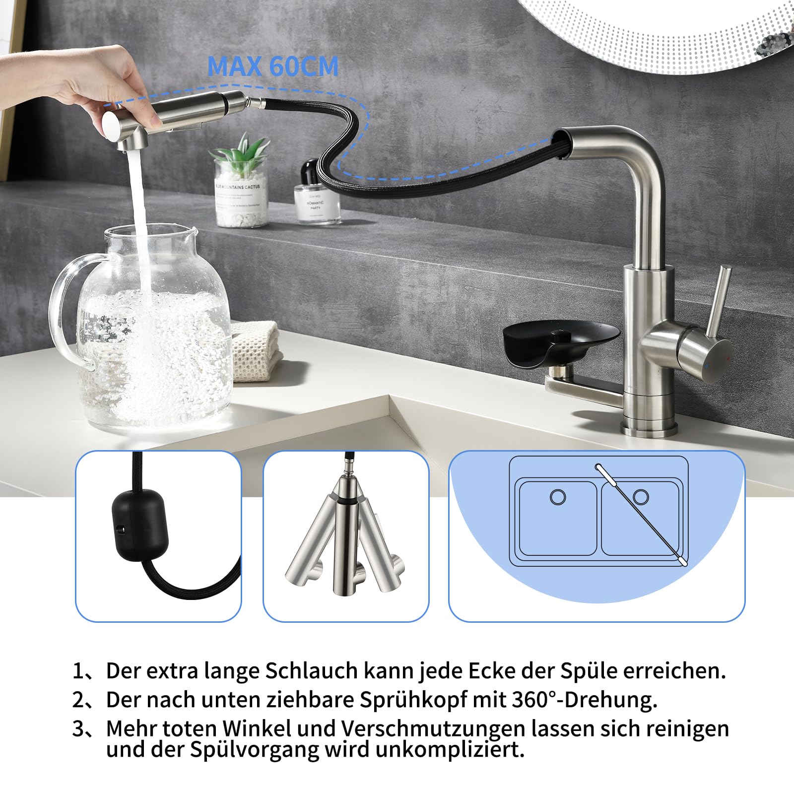Küchenarmatur LakeBayMZC mit Glasspüler Ausziehbar Dual-Auslauf 360°-Drehung, Wasserhahn Armatur Küche Spültischarmatur 304 Edelstahl Gebürstet