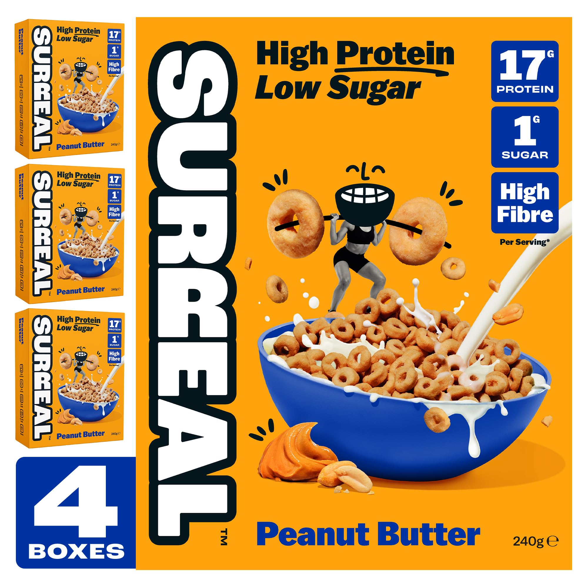 Surreal Peanut Butter - High Protein Cereal Gluten Free - Zero Sugar- Healthy Plant Based Cereal - High in Fibre - Low Carb - Vegan - 17g of Protein, 0g of Sugar - 240g per Box - 4 Pack (4 x Peanut)