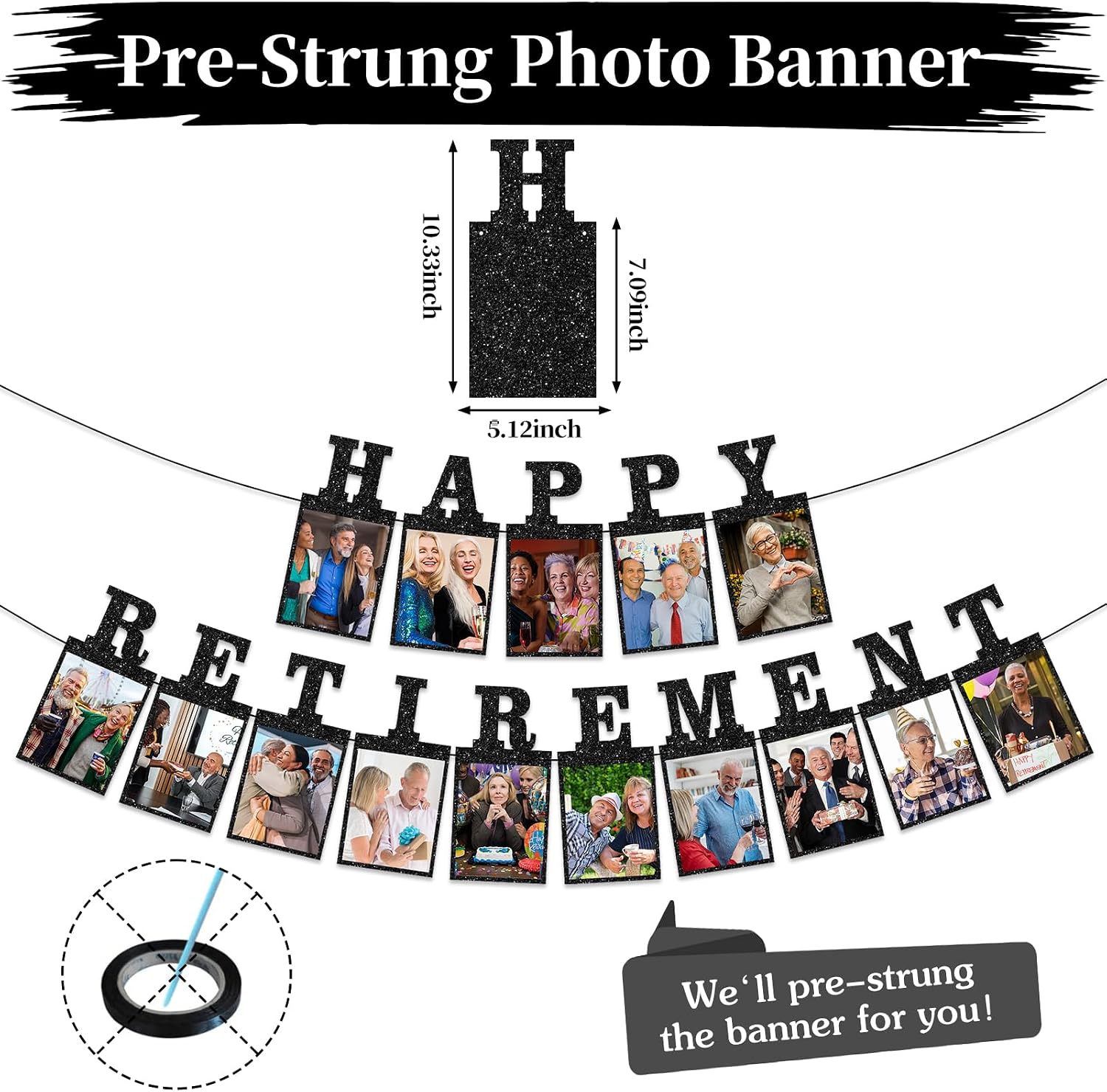 Black Pre-Strung Happy Retirement Photo Banner Party Decorations