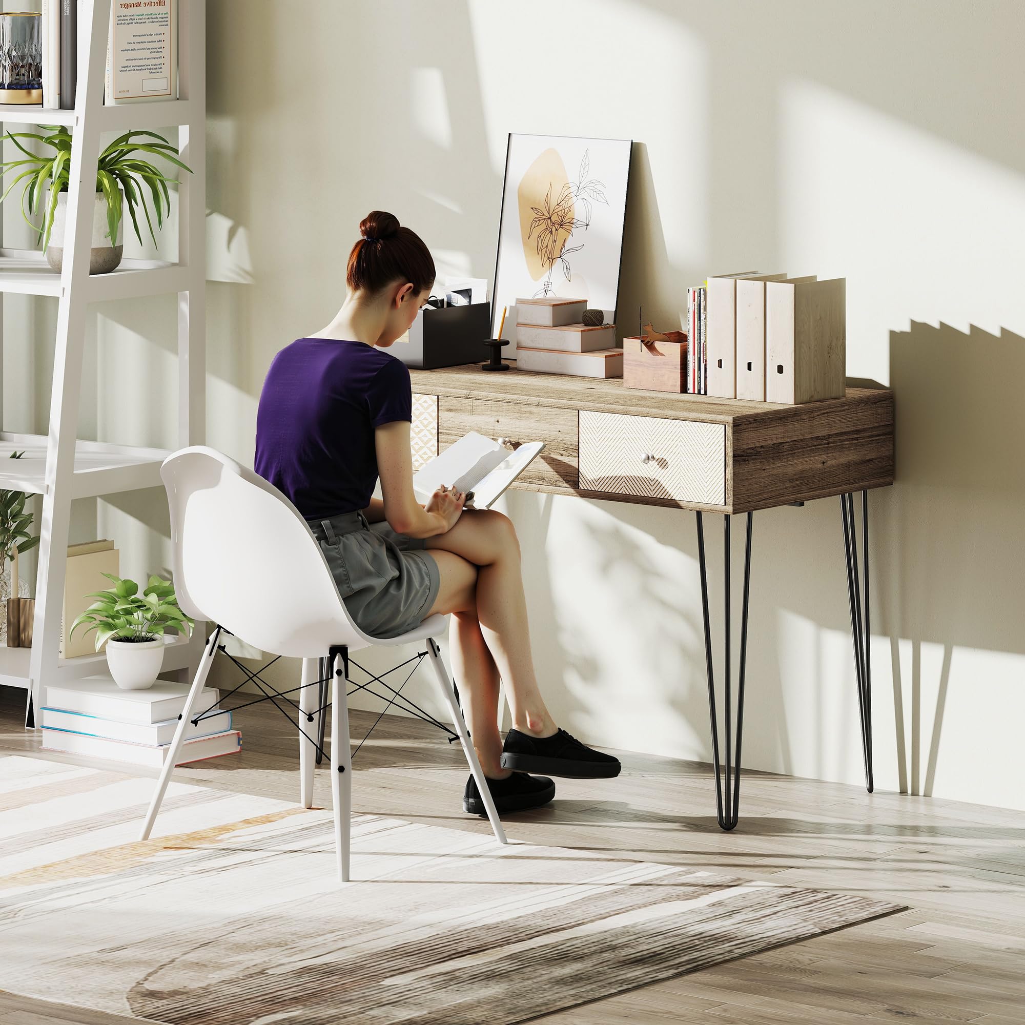 HOMCOM Escritorio Bohemio con Patas Horquilla y 3 Cajones 105x50x75 cm