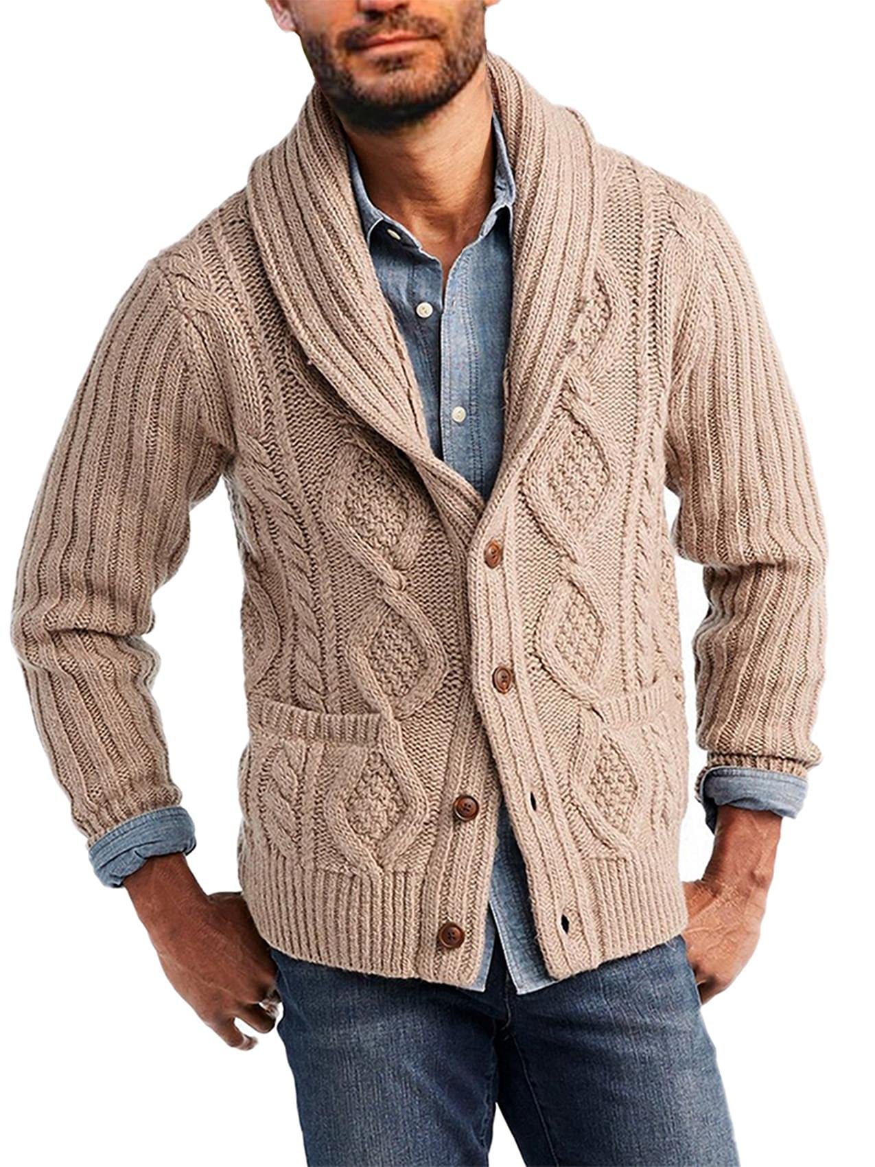 Karlywindow Mens Casual Shawl Collar Cardigan Button Down Cable Knitted Sweaters with Pocket