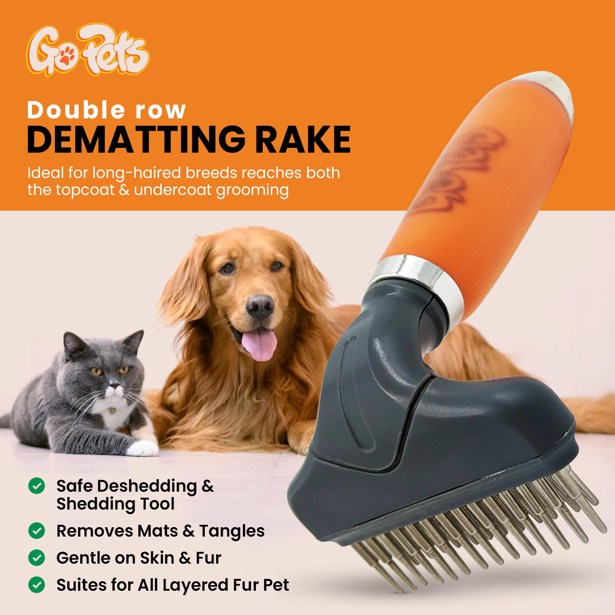 GoPets Rastrillo de doble fila para perros y gatos, cepillo de aseo de capa inferior, herramienta segura para pelos gruesos y largos, elimina tapetes y enredos, ideal para perros de pelo largo