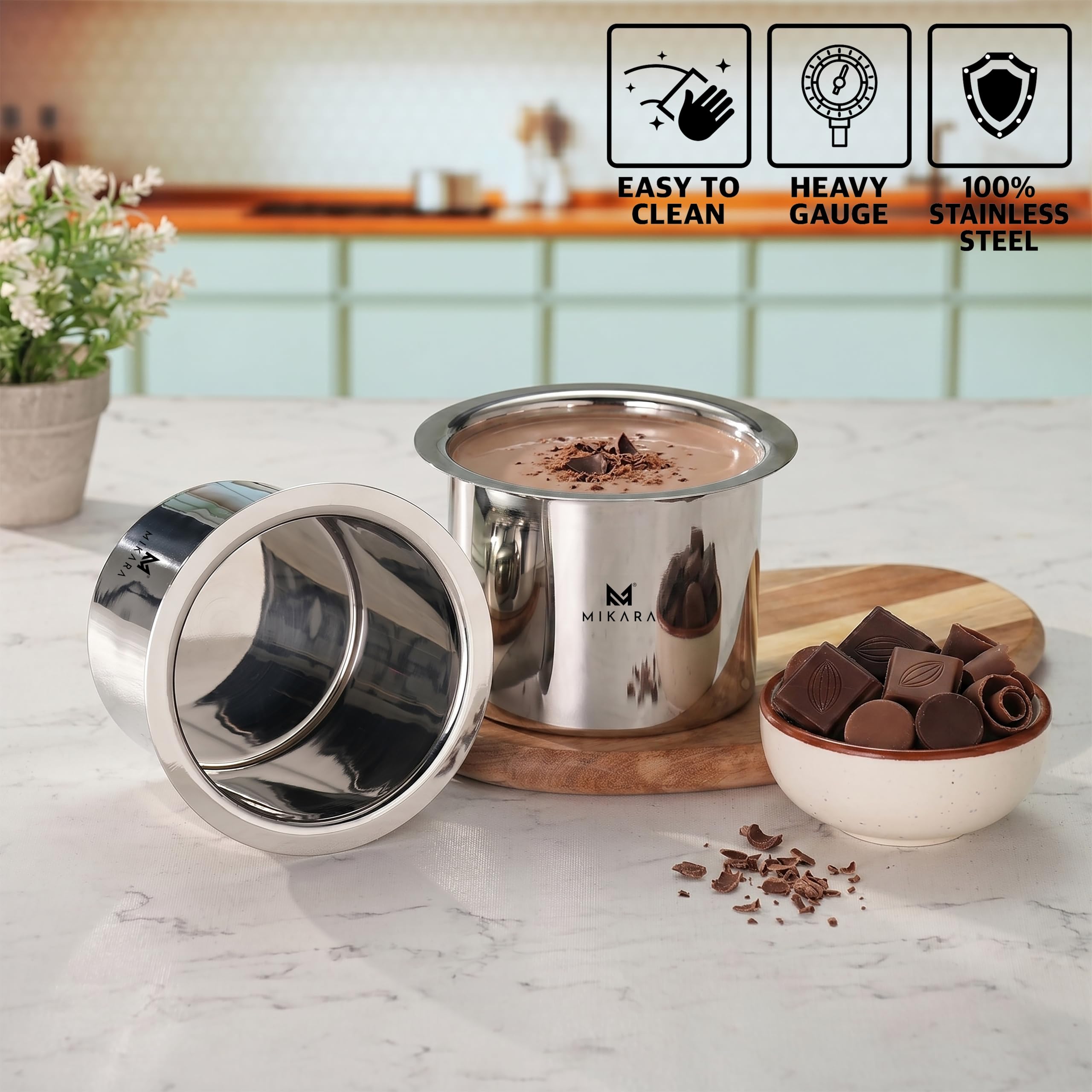 MIKARA Stainless Steel Stackable Tope Set of 2 Without Lid | Space Saving Design | Flat Bottom Heavy Gauge Cookware |Gas & Induction Compatible| Mirror Finish Multipurpose Cookware | (950ml, 1150ml) — Amazon image 3