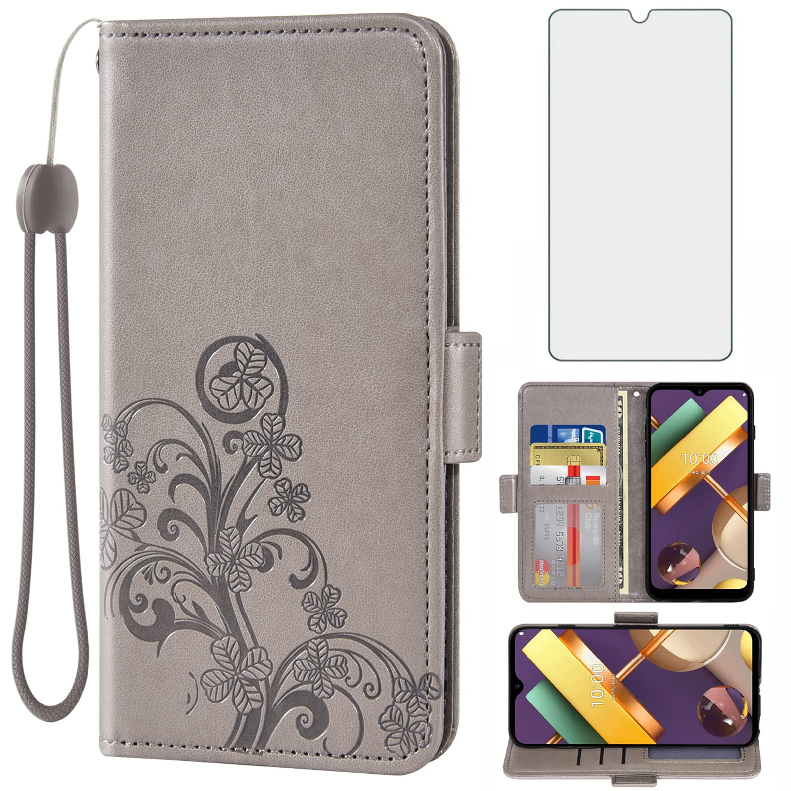 Asuwish Compatible with LG K22/K22+ Plus/K32 Wallet Case and Tempered Glass  Screen Protector Flip Purse Wrist Strap Credit Card Holder Stand Cell