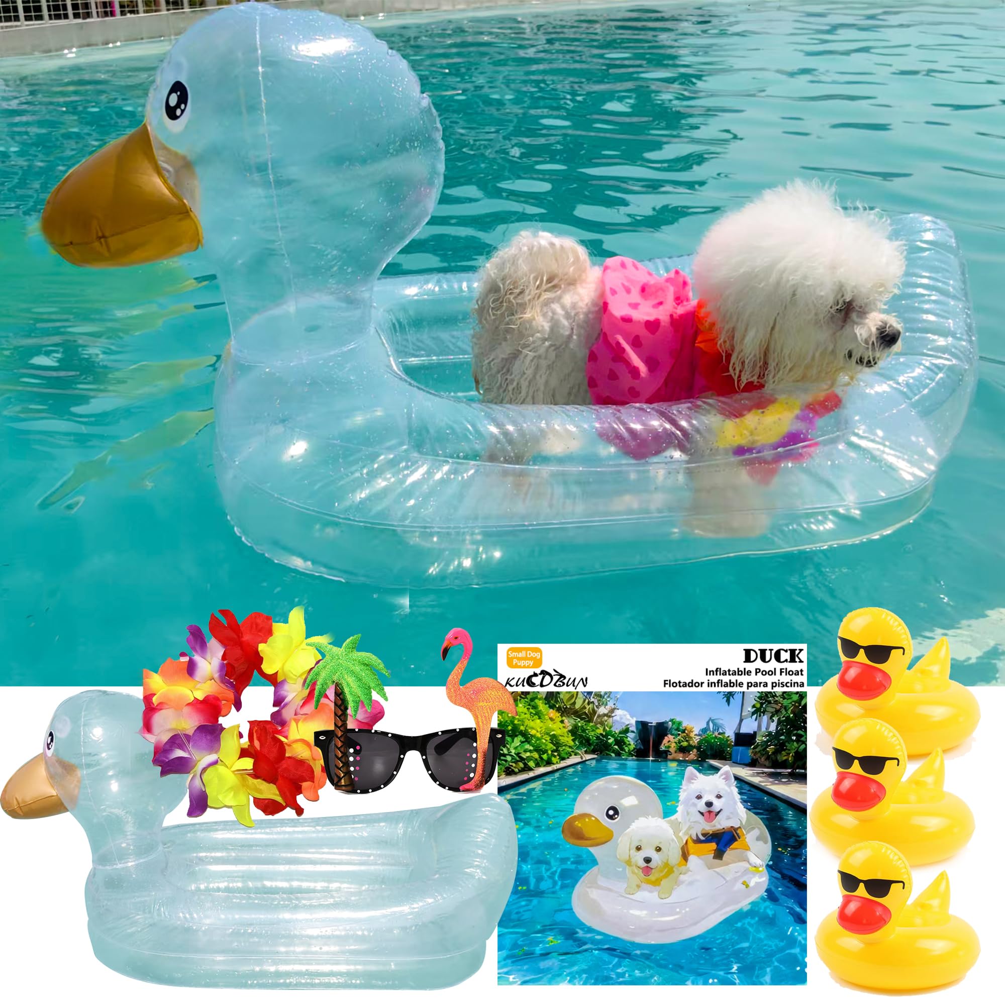 Dog Pool Float, Funny 6-in-1 Inflatable Dog Floats for Pool, Dog Raft for Small Dog, Puppy and Doggies, Clear Duck