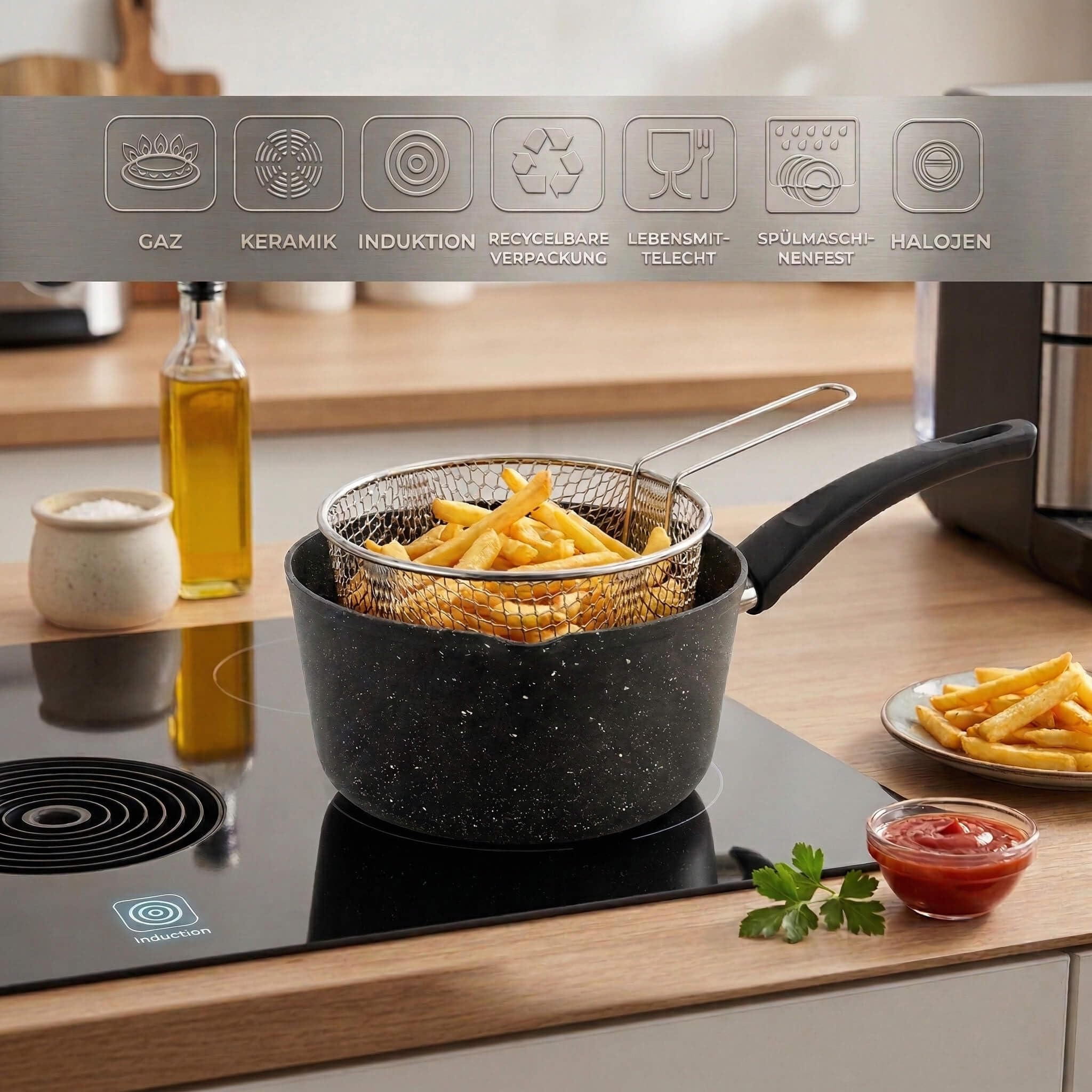 Melda - Padella da 20 cm, con cestino per friggere, rivestimento antiaderente in granito, patatine fritte e pentola per friggere patatine, verdure e snack