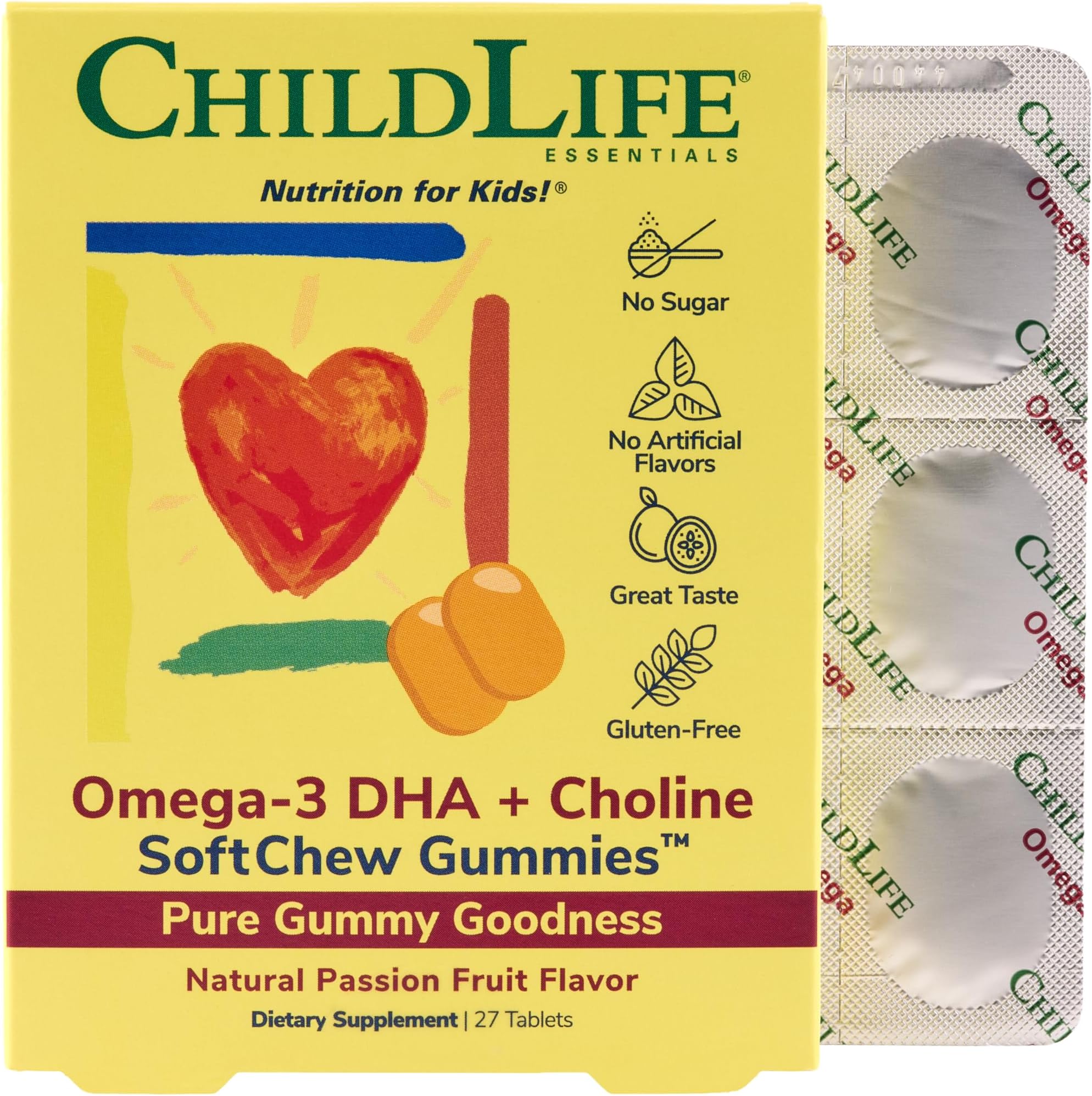 Omega-3 DHA + Choline SoftChew Gummies for Kids - Omega 3 & DHA Gummies with Choline, Fish Oil for Babies, Toddlers & Children - Natural Passion Fruit, 27 Tablets