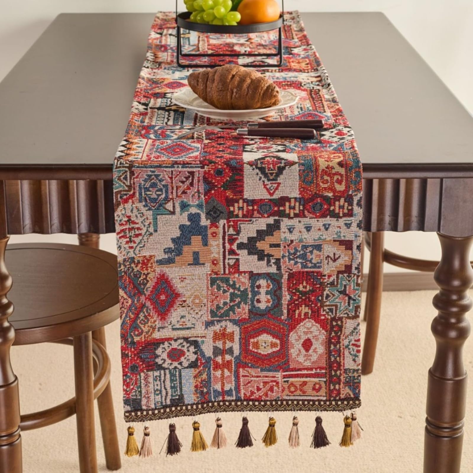 Tischläufer Sommer Boho, Tischläufer Hochzeit 33x400 cm, Rot Jacquard mit Quasten