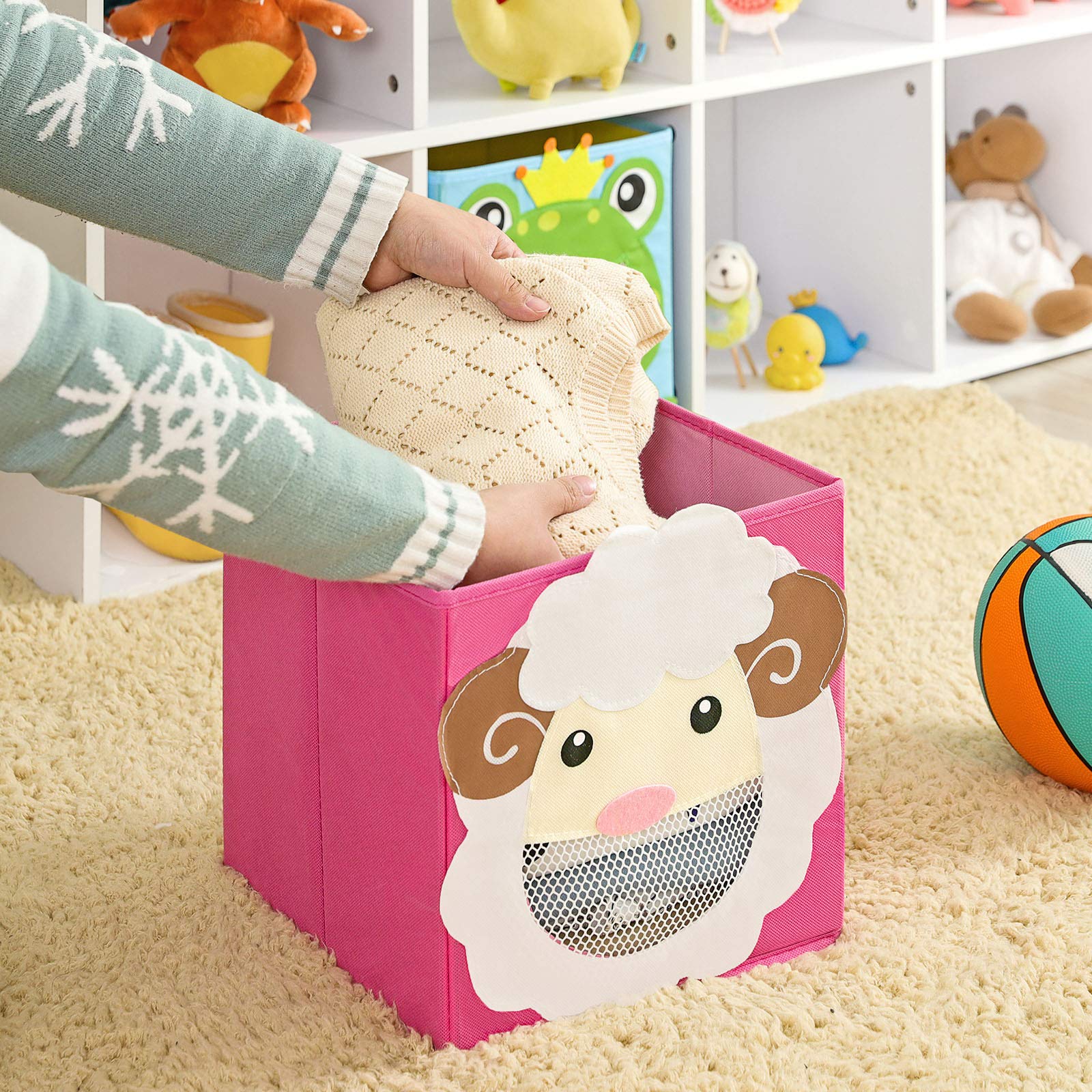 SONGMICS Cajas de Almacenamiento, Juego de 3, Organizadores de Juguetes, Cesta, Plegable, para Habitación Infantil, Sala de Juegos, 27 x 27 x 27 cm, Tema de Animal, Azul, Verde y Rosa RFB01PG