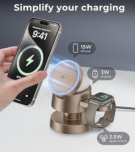 Miniatura 2 de Estación de carga inalámbrica 4 en 1, estación de carga inalámbrica magnética de 15 W con certificación Qi2 con luz nocturna para iPhone 17161514,