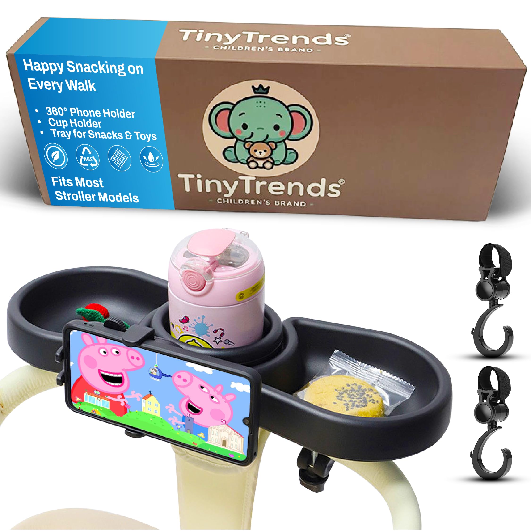 Erleichtert Spaziergänge – 4-in-1 Kinderwagen-Snack-Tablett mit 360°-Handyhalterung, Getränkehalter & zwei Fächern – universelle Passform (Uppababy, Chicco, Nuna) – BPA-frei – Bonus-Haken im