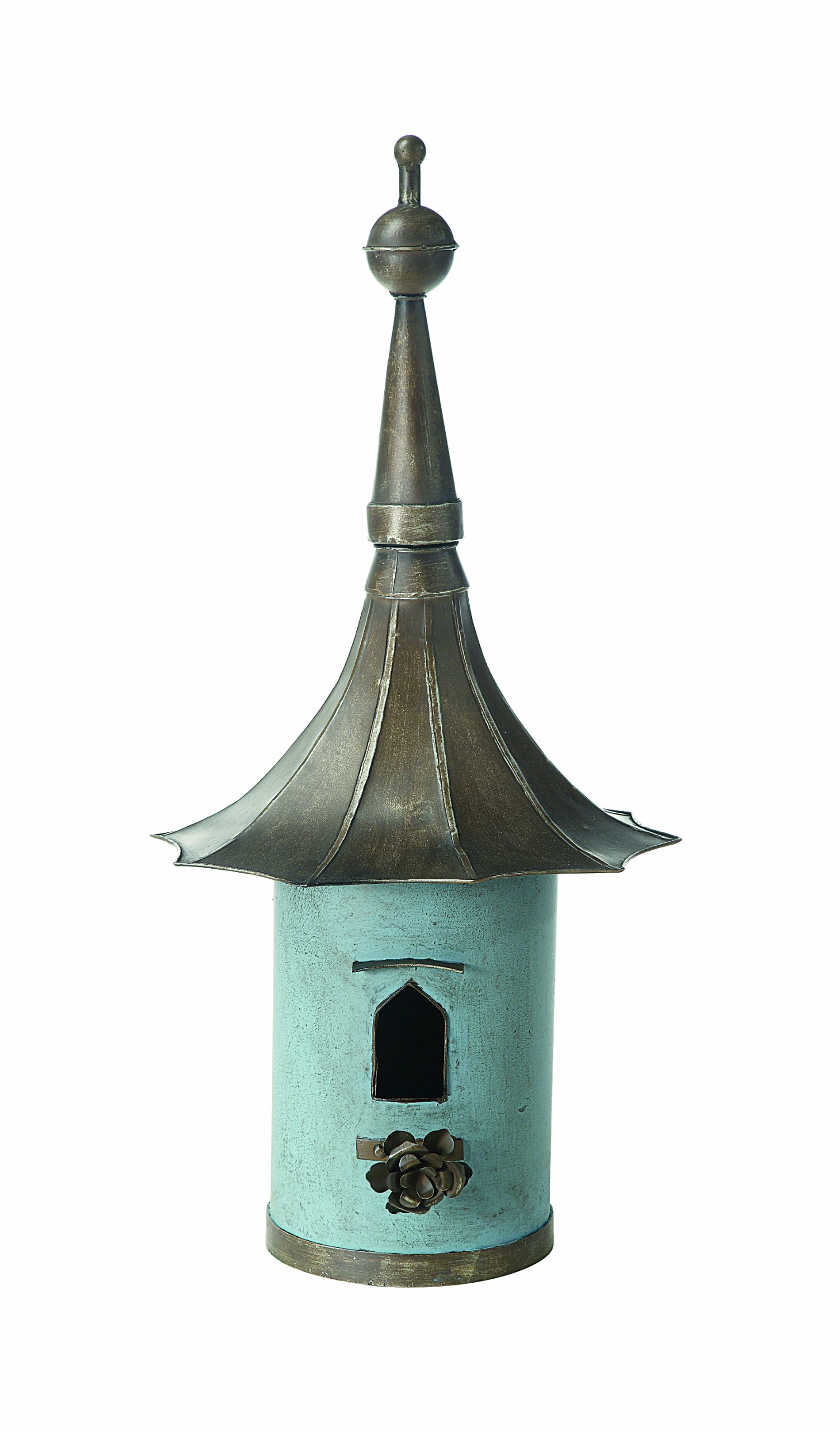 Creative Co-OpCottagecore Free-Standing Decorative Metal Birdhouse for Garden, Distressed Aqua