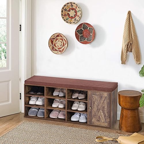 MAISON ARTS Banco de almacenamiento, zapatero con armario de puerta de granero, 9 compartimentos abiertos, cojín para entrada, pasillo, dormitorio,