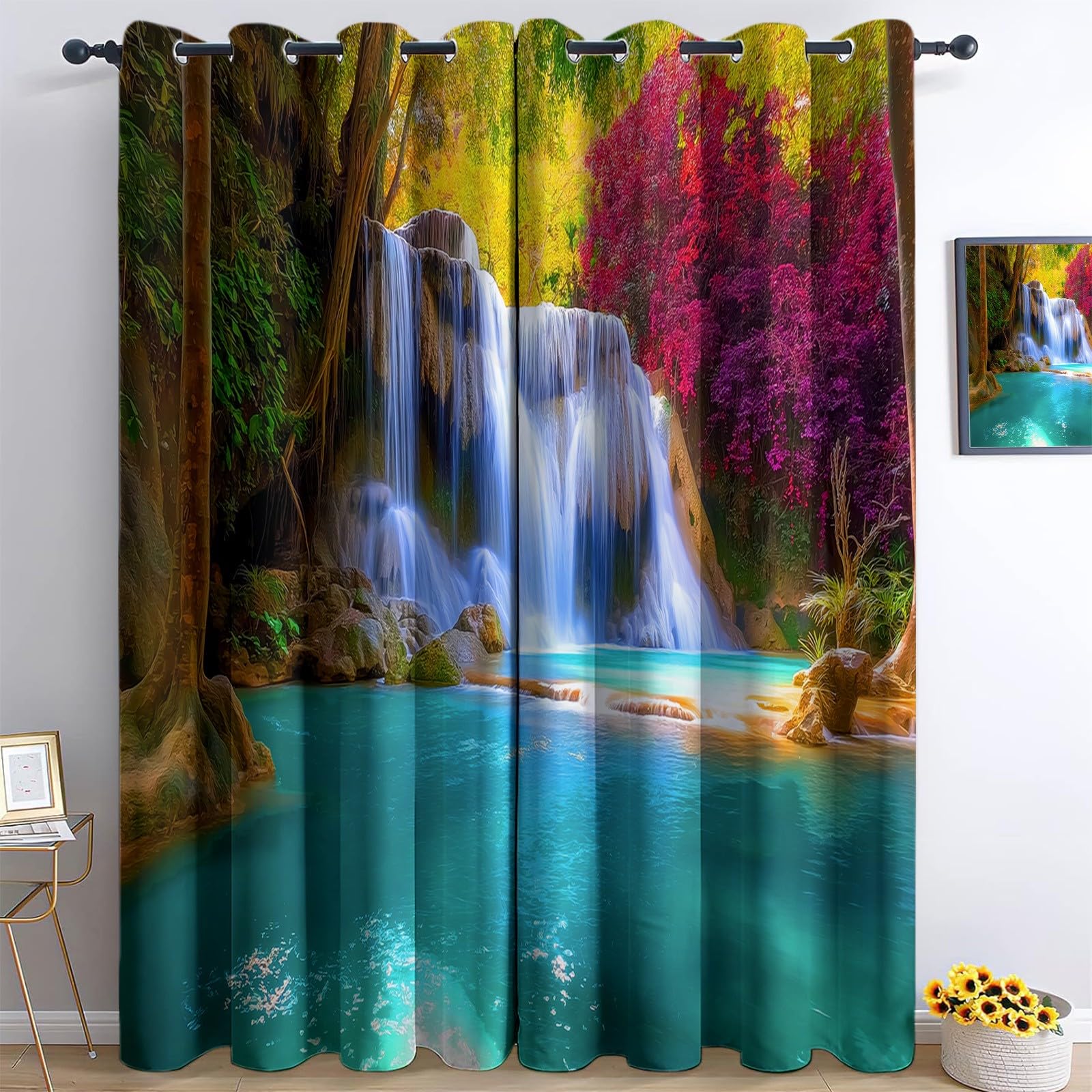Verdunklungsvorhänge Garten Bäume Kinderzimmer Vorhänge Blickdicht, Hellblau Thermovorhang mit Ösen, für Schlafzimmer Fenster & Balkon Natur Felsen - 110 x 215 cm (2er Set)